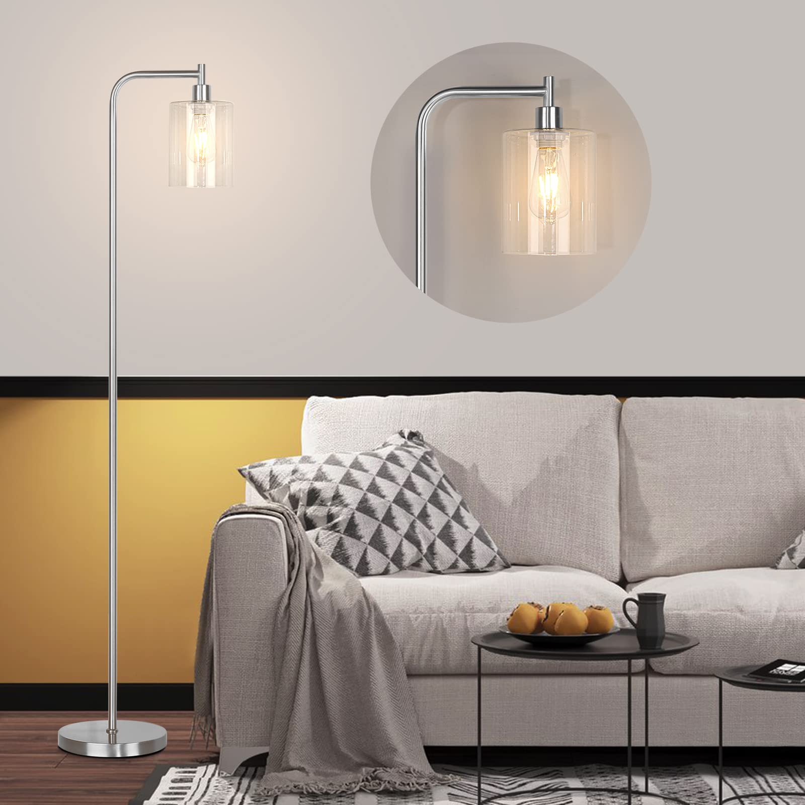 Industrial Floor Lamp for Living Room, Modern Standing Lamp with HD Glass Lampshade and Pedal Switch, 67” Tall Pole Light for Bedroom Study Room, Brushed Silver (2700K LED Bulb Included)