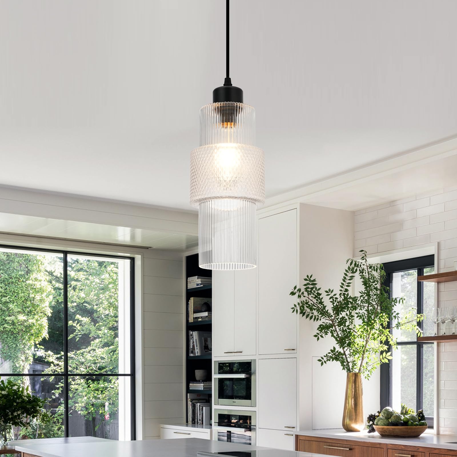 Modern Pendant Light Fixture Farmhouse Hanging Light with Clear Glass Shade, Industrial Black and Gold Pendant Lighting for Kitchen Island Dining Room Bedroom