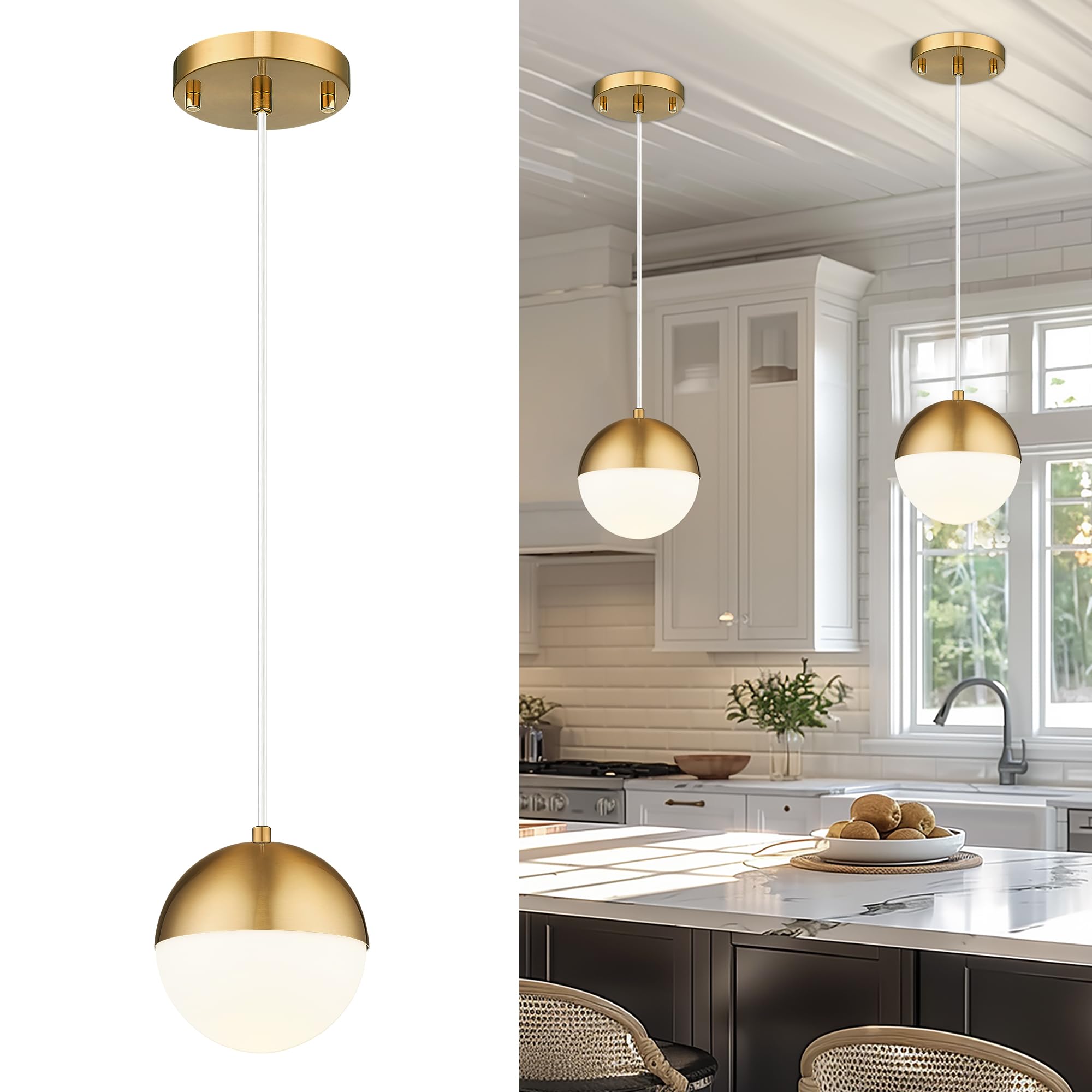 Modern Pendant Lighting Gold Globe Pendant Light Fixture, Mid Century Chandelier One Light Hanging Fixture for Kitchen Island, Adjustable Indoor Lighting for Dinning Room Bedroom, LMS-187