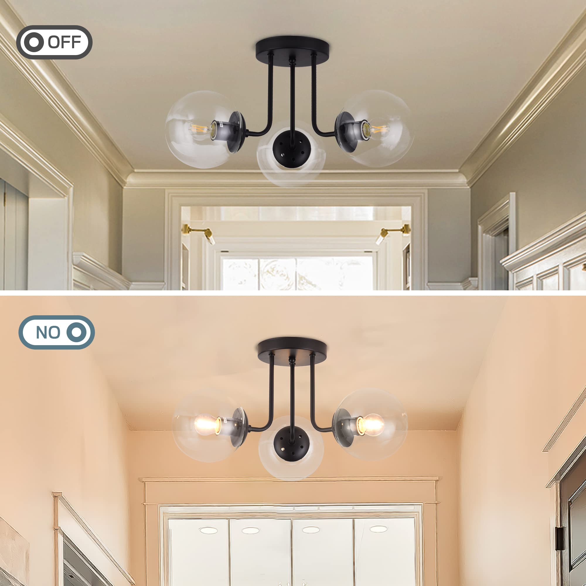 KoKo&Yukina 3-Light Semi Flush Mount Ceiling Light Globe Ceiling Light Mid Century Ceiling Light with Opal Milk Glass Globe & Brushed Brass for Bedroom Hallway Entryway Kitchen Living Room-Bulb Incl