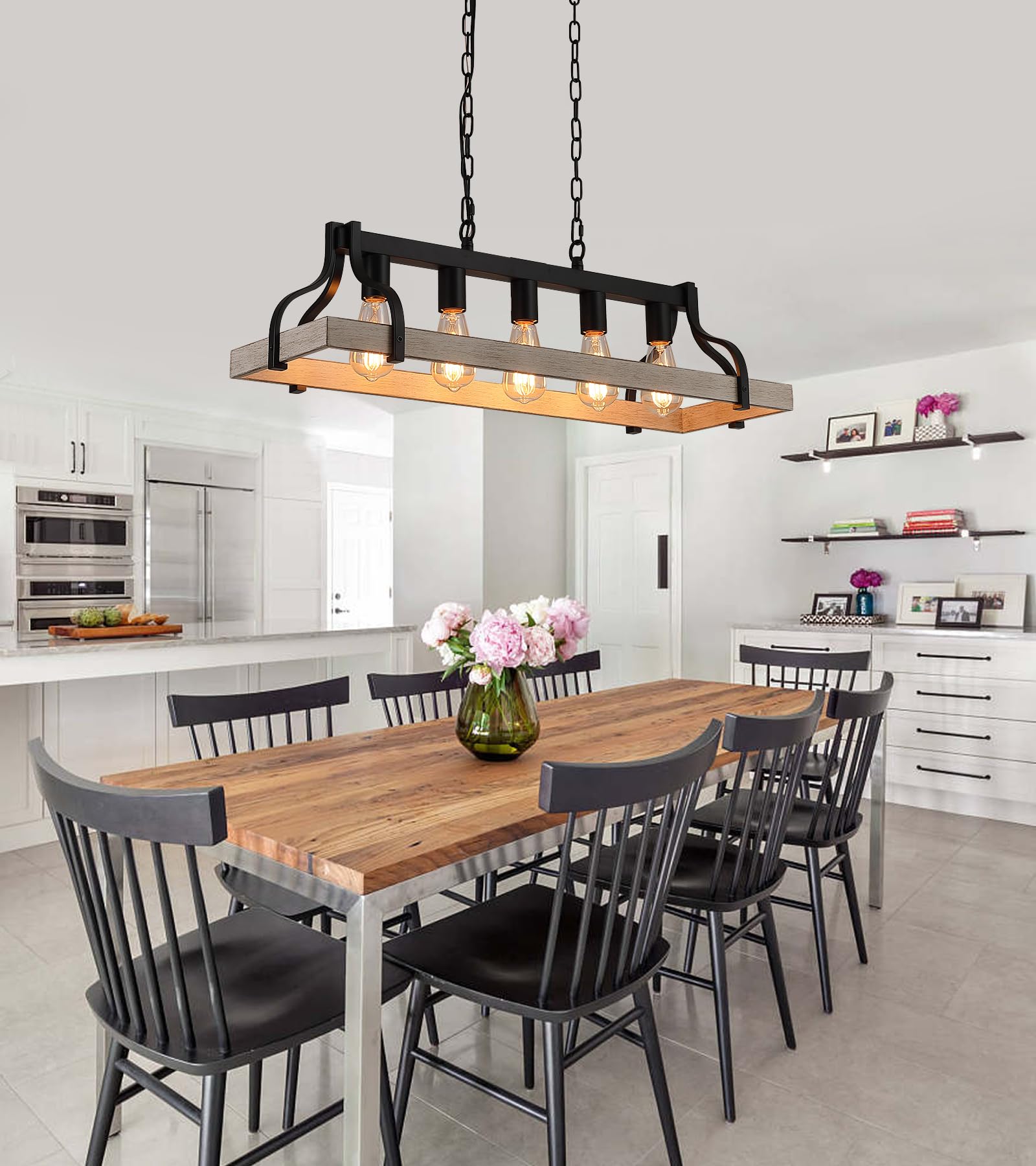 Rustic Kitchen Island Dining Room Light Fixture Farmhouse Linear Chandelier Black and Retro Wood Finish 5-Light Industrial Metal Hanging Pendant Light UL Listed L33.5 W10.6