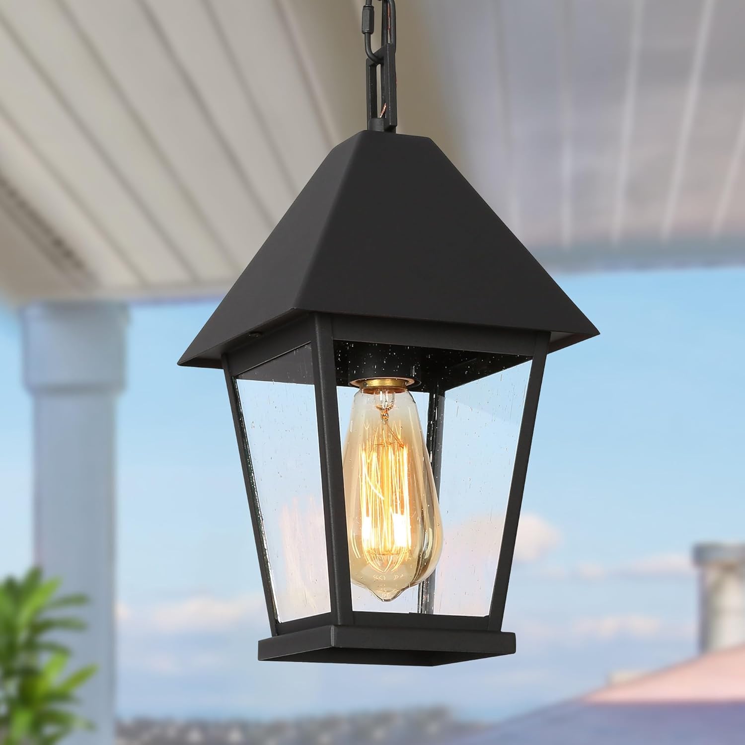 Outdoor Pendant Light for Porch, Black Outdoor Pendant Hanging Light with Seeded Glass Waterproof Exterior Light Fixture for House, Patio, Yard