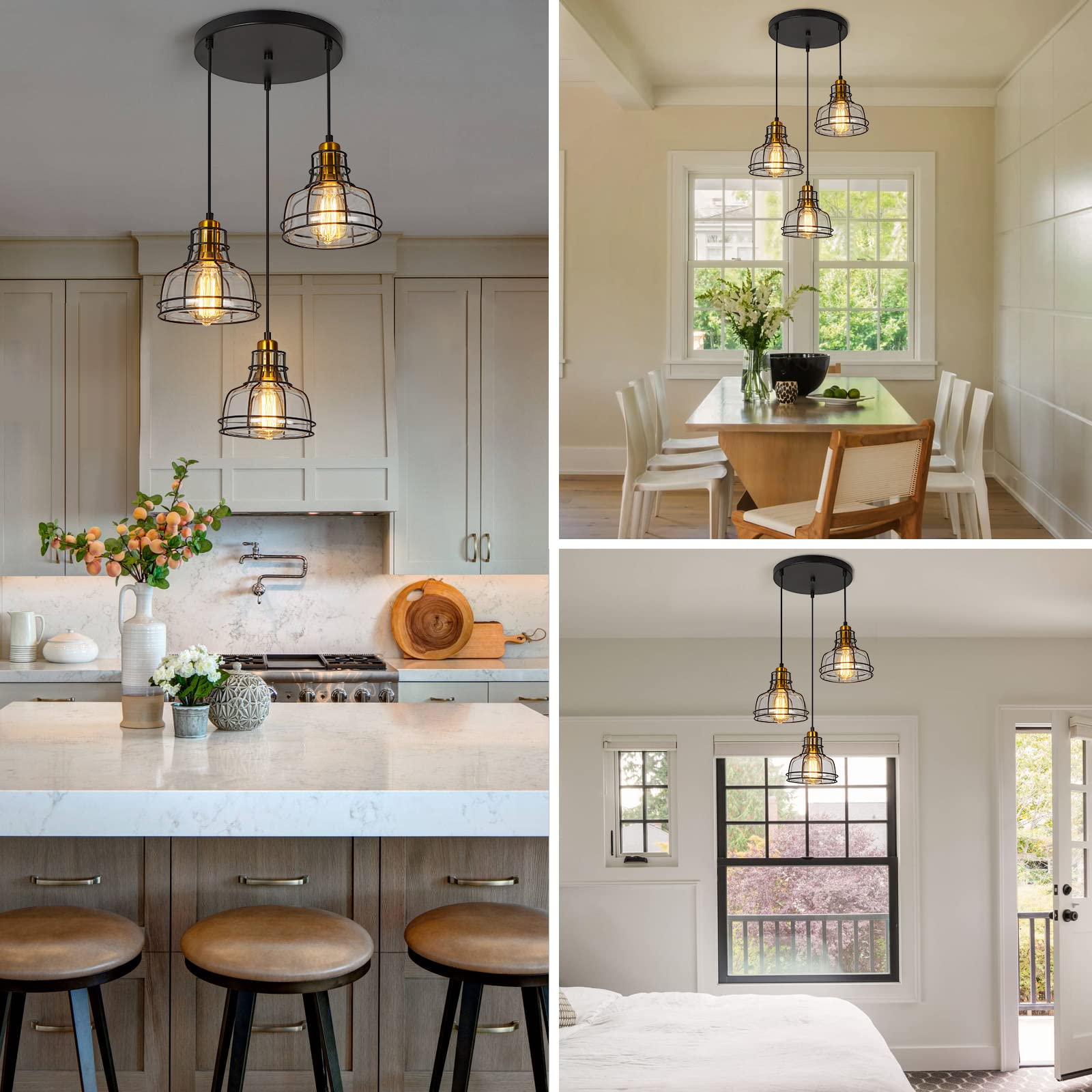 WILON Pendant Lighting for Kitchen Island, Industrial 3 Light Pendant Ceiling Light Fixture, Farmhouse Chandelier for Dining Room Cluster Pendant Light Fixtures Hanging Light with Clear Glass Shades