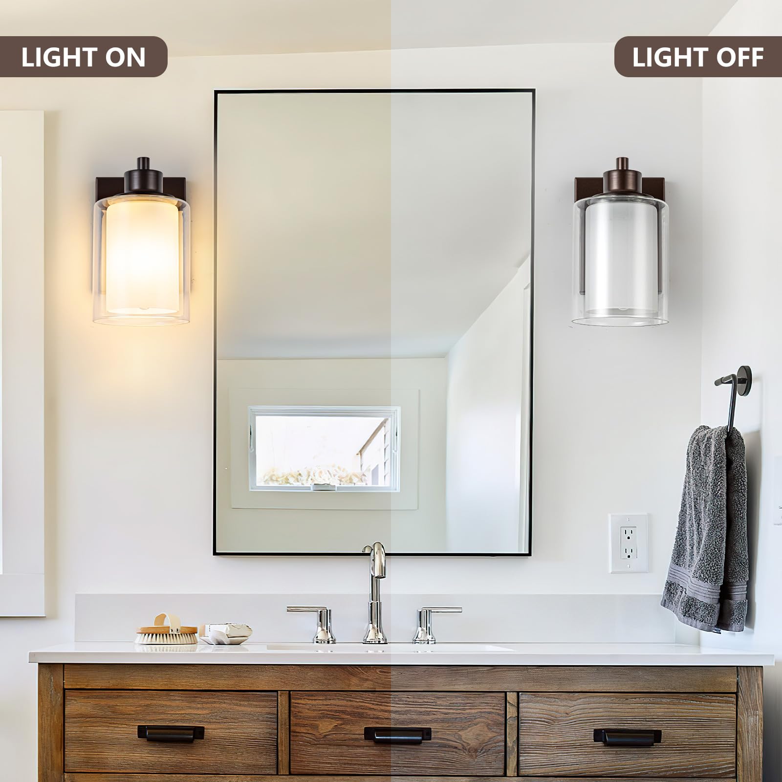 2-Pack Bath Vanity Light Fixtures Wall Sconces, Modern Indoor Bathroom Wall Lights with Seeded Glass, Black Wall Light Fixtures for Bedroom Mirror Kitchen Living Room Entryway Patio