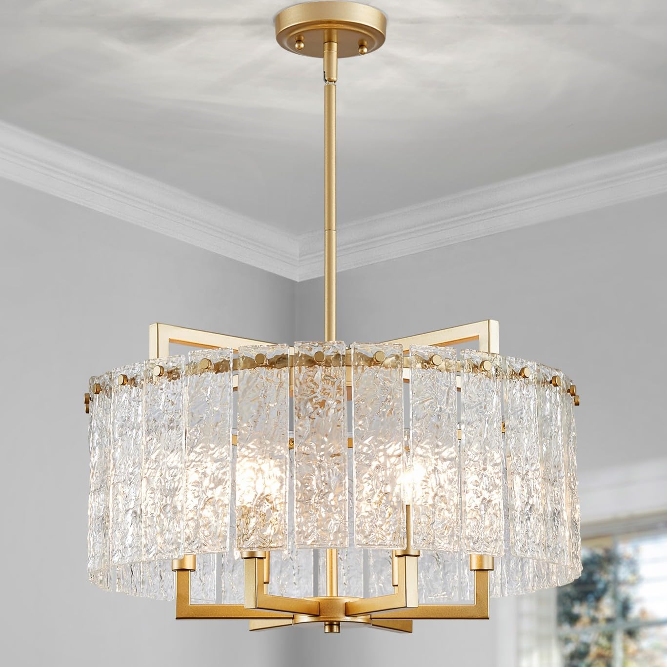 Crystal Chandeliers, Modern Luxury Style, Perfect Pendant Light Fixture for Living Space, D20'' × H4'', Adjustable 43'', 6 x E12 Sockets, Glass Shade & Brass Finish Frame