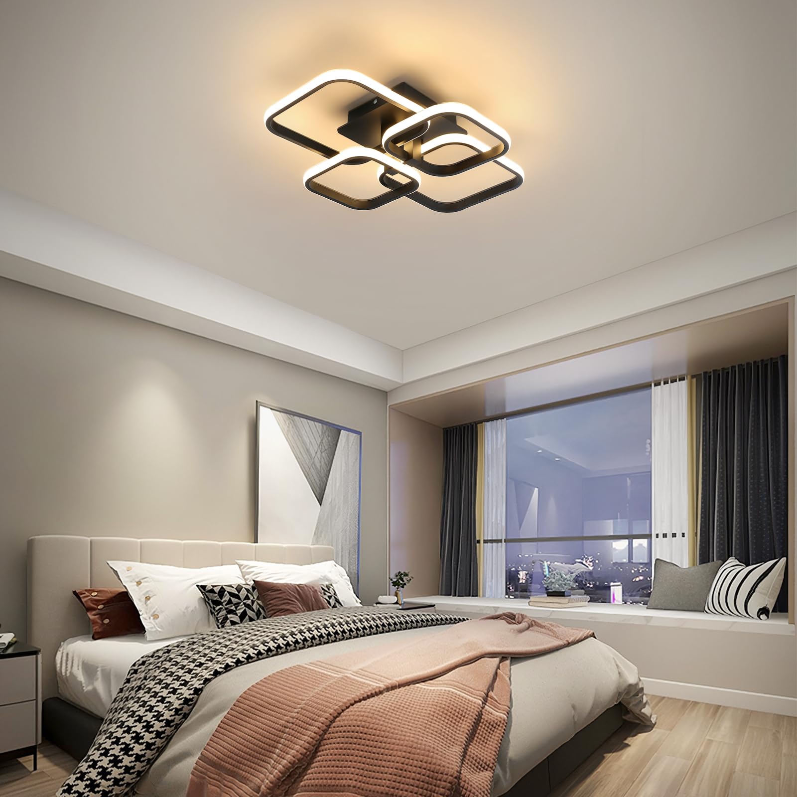 Modern LED Ceiling Light - 60W 4500K Black Semi Flush Mount Ceiling Light Fixtures, 4-Square Design Ceiling Lamp for Living Room, Kitchen, Bedroom, Dining Room