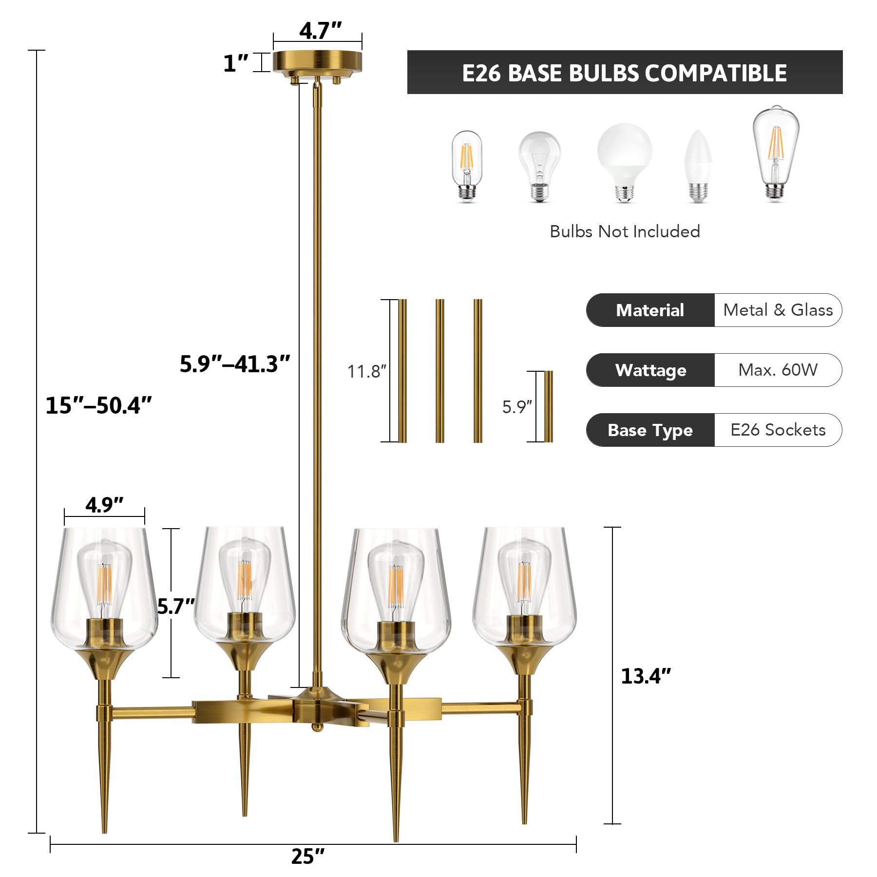 4 Light Chandelier for Dining Room, Farmhouse Chandelier with Cylinder Clear Glass Shade, Modern Chandelier for Kitchen Bedroom Living Room Foyer, Pendant Light with Gold Finish