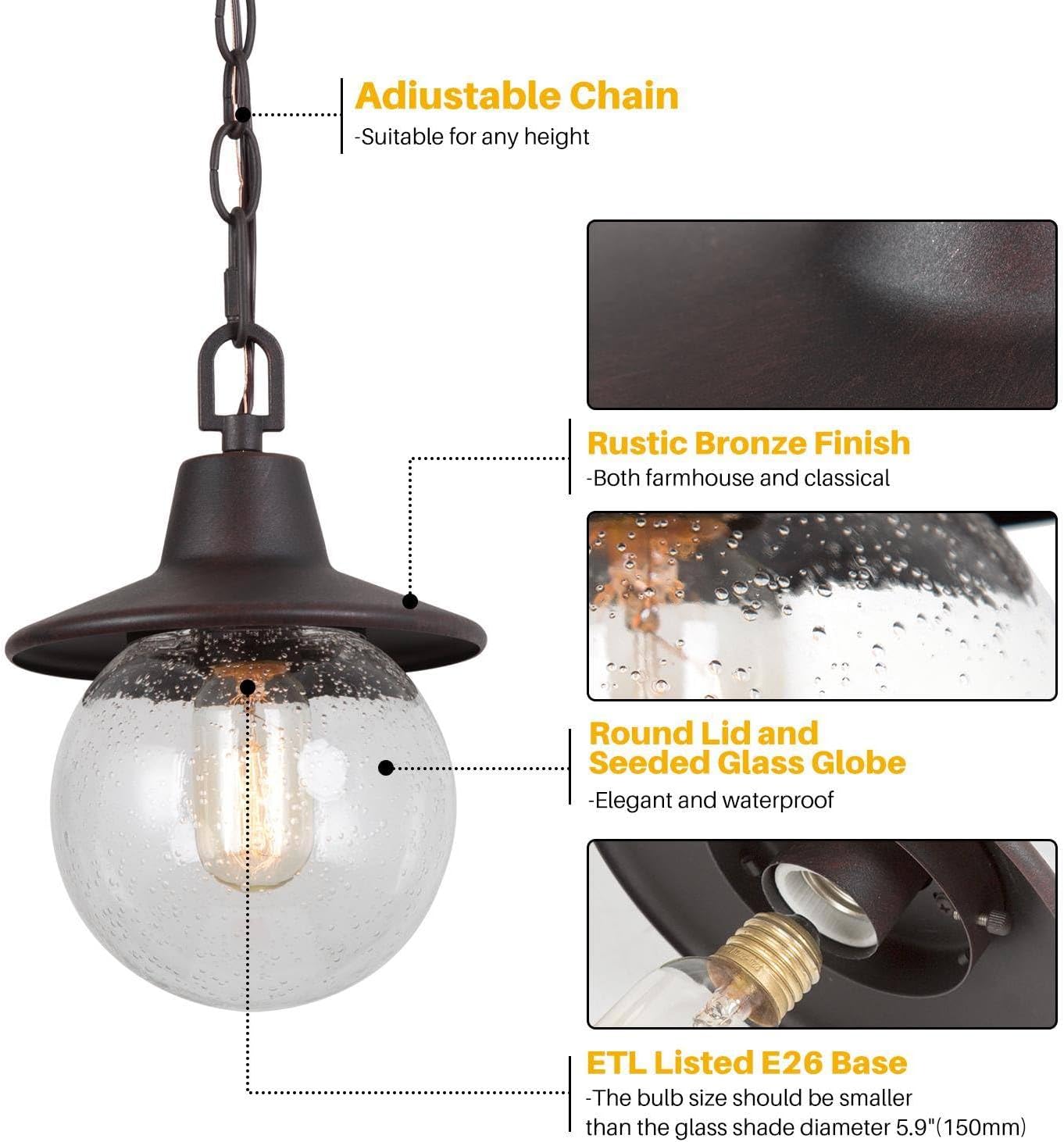 Outdoor Globe Pendant Light Fixture, Farmhouse Exterior Lights with Adjustable Chain, Anti-Rust Ceiling Outdoor Light with Seeded Glass, Hanging Light for Front Door, Entry, Porch, and Gazebo