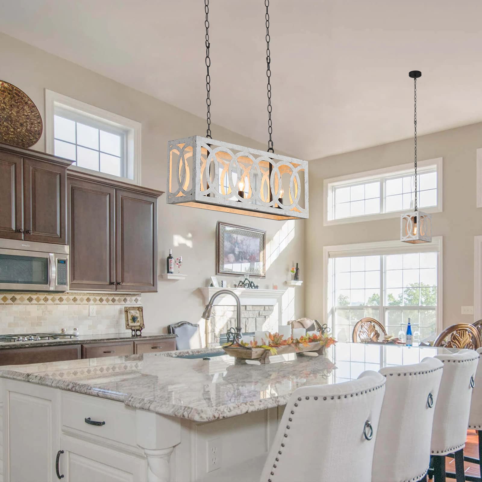 Kitchen Island Light Fixtures Dining Room Distressed White Rectangular Modern Farmhouse Chandelier, 3-Light Metal Rustic French Country Pendant Lighting Ceiling Light Hanging Lamp, No Wood