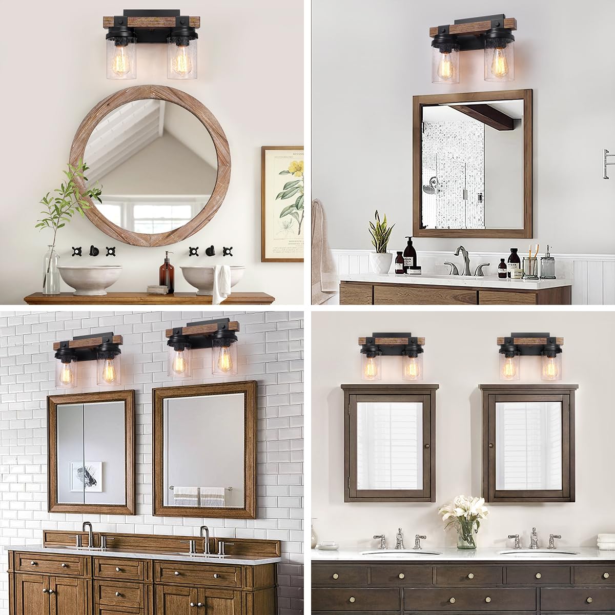 2-Light Farmhouse Vanity Lights for Bathroom, Rustic Bathroom Light Fixtures with Pretty Glass Shade, Black Industrial Wood Grain Wall Sconce for Bathroom Hallway Bedroom