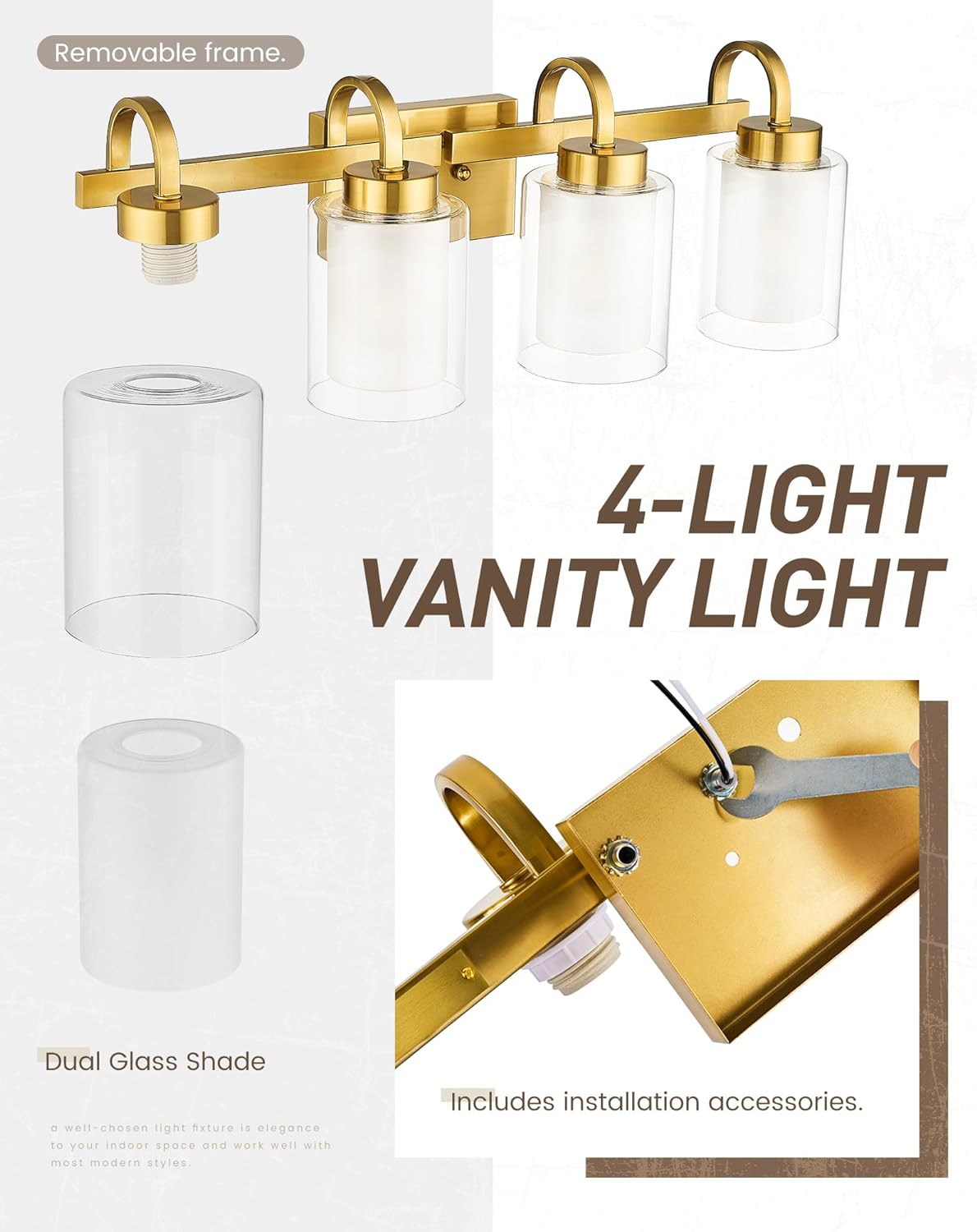 3-Light Bathroom Vanity Light, Brushed Nickel Vanity Light Over Mirror, Farmhouse Wall Sconces with Dual Glass Shade, Modern Wall Lamp for Bathroom Hallway Living Room