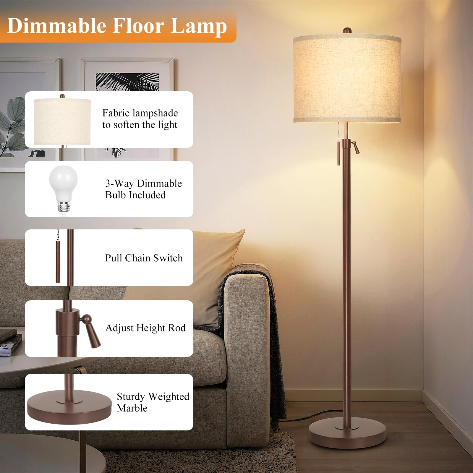 Floor Lamp for Living Room Adjustable Tall Standing Lamp, 3-Way Dimmable Floor Lamp for Bedroom Office, Black Gold Lamp with Marble Base and White Linen Shade, 6W 3000K LED Blub Included