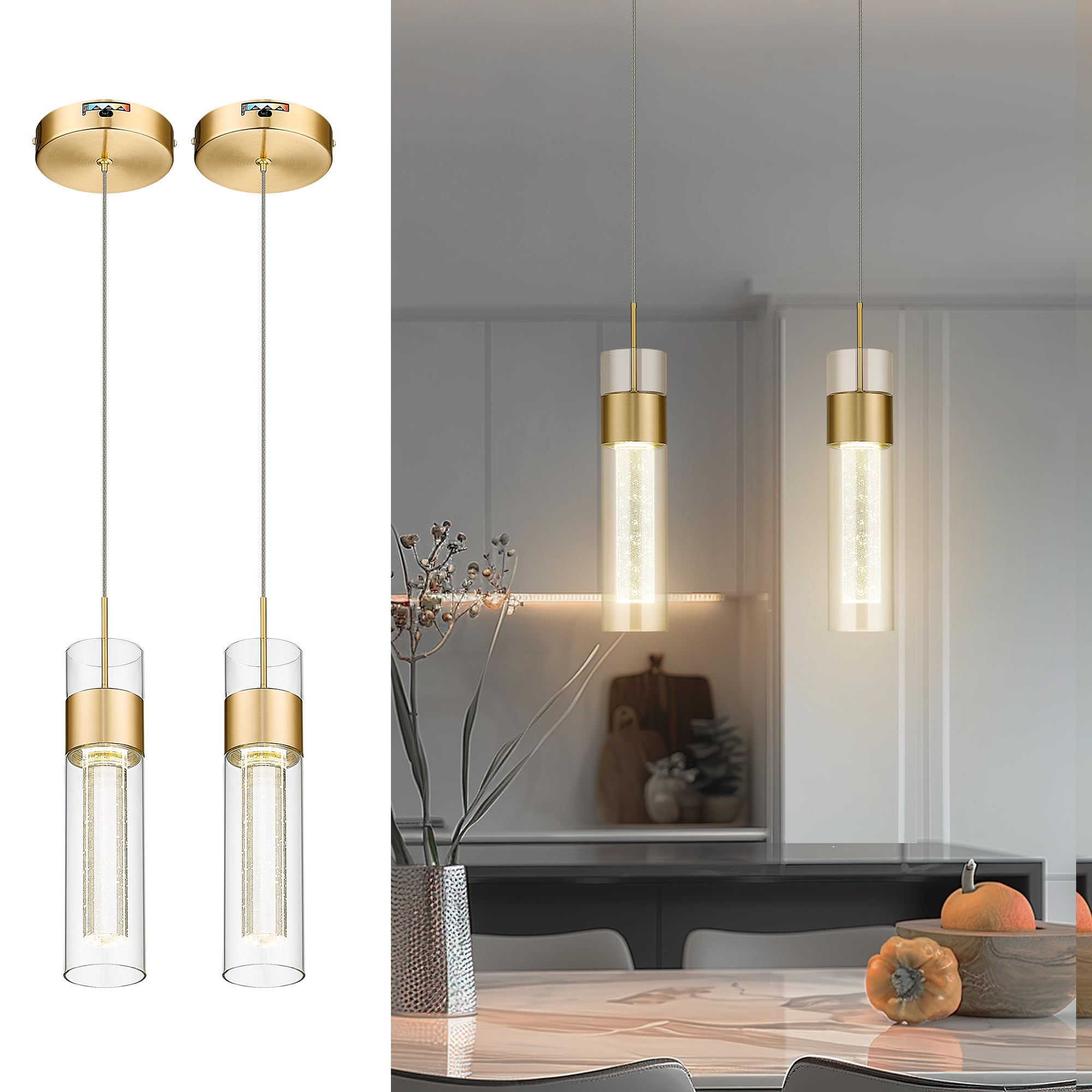 Pendant Light Fixtures, 3-Lights, Modern LED Pendant Lights with Clear Glass and Bubble Crystal, Adjustable Pendant Lights for Kitchen Island, KDPL09-GD-3L