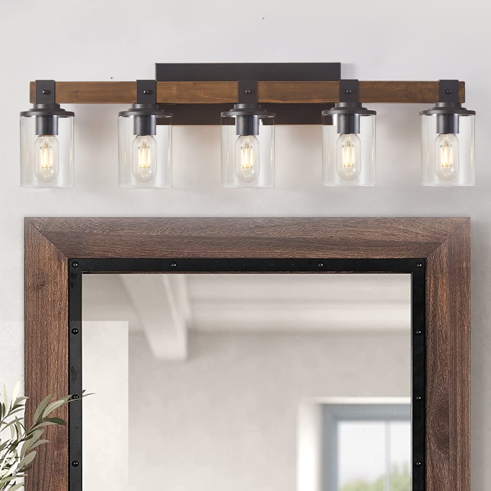 Wood Vanity Lights,3-Light Farmhouse Bathroom Lighting Fixtures with Clear Glass Shade,Industrial Vintage Rustic Wall Lamp for Bedroom,Living Room,Hallway (3-Light, Antique Wood)