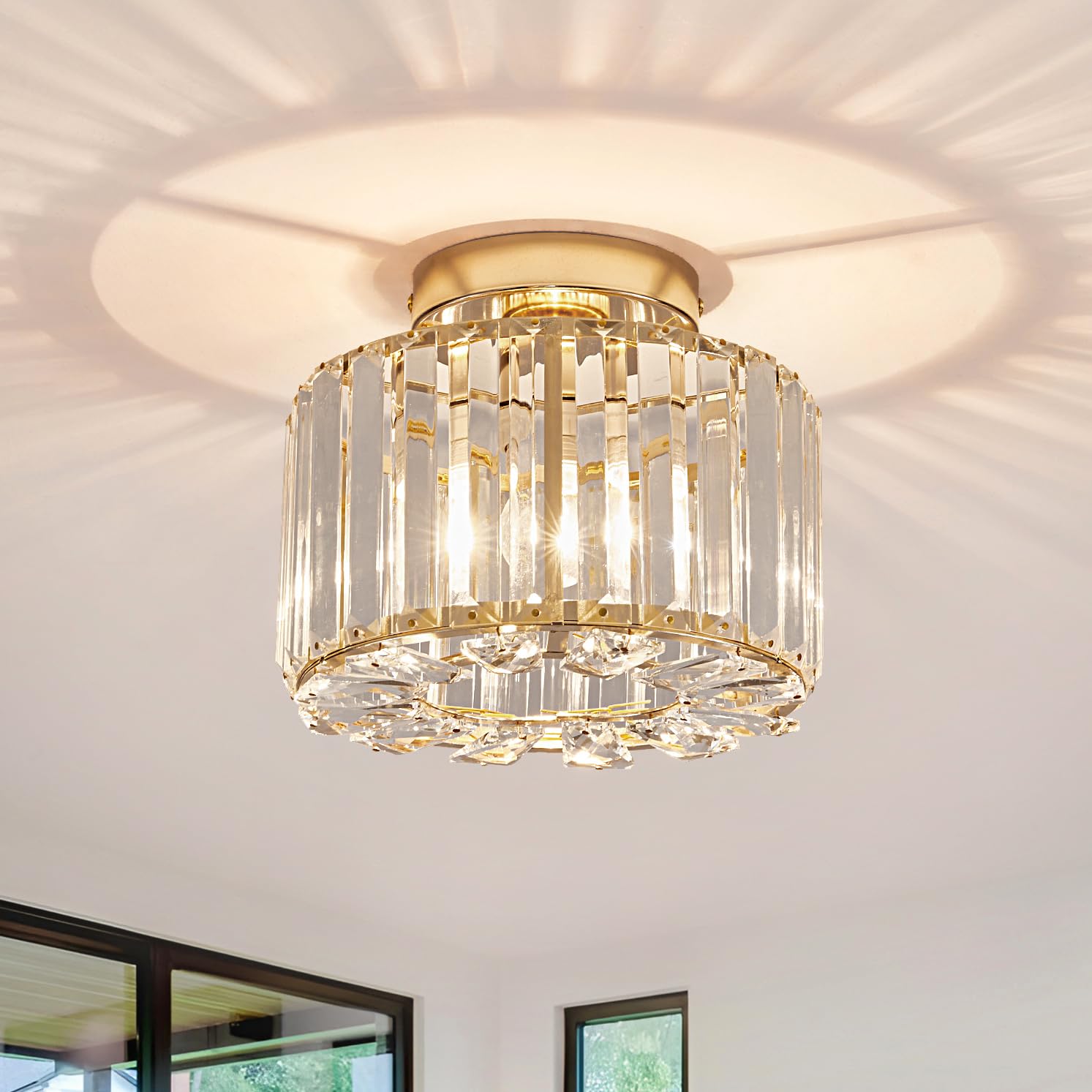 Elegant Gold Crystal Chandelier - Modern Semi Flush Mount Ceiling Light Fixtures for Hallway, Kitchen, Bedroom, Living Room, and More