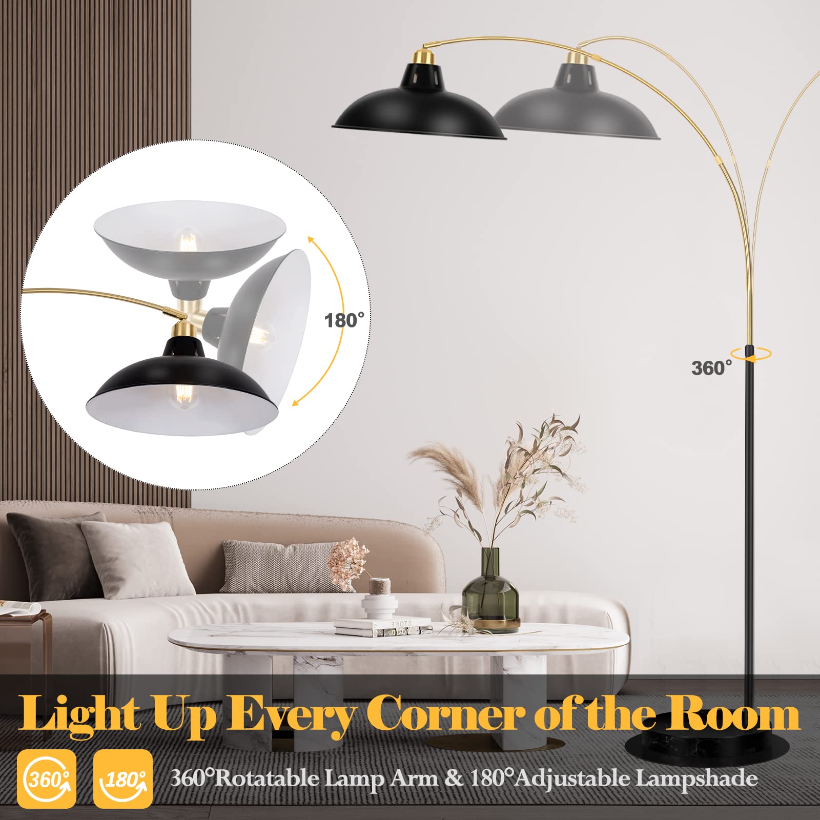 Arc Floor Lamp for Living Room, Marble Base Standing Lamp - Black Gold Floor Lamps with 360° Rotatable Arm, Industrial Tall Lamp Metal Material, Reading Lamp for Bedroom Couch Sofa Desk