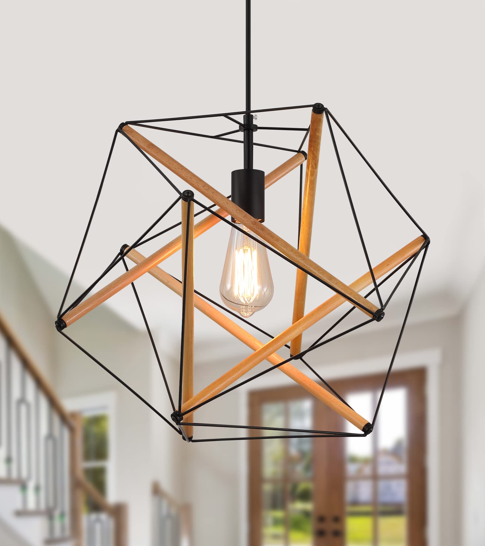 Black Geometric Art Deco Hanging Pendant Light Metal and Wood Modern Industrial Chandelier Light Fixture for Dining Room Kitchen Island Arts Center Yoga Studio,Need Assemble UL Listed