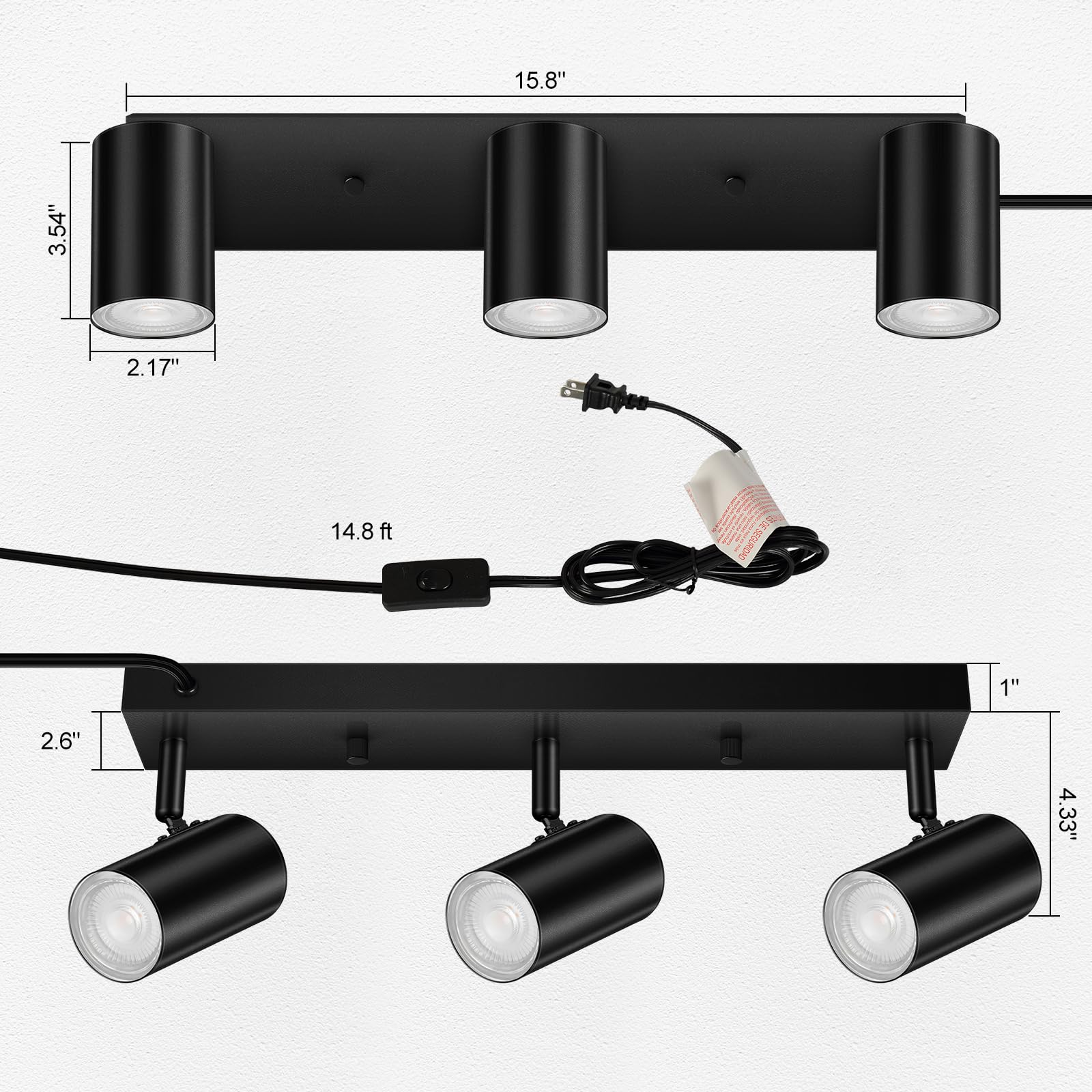 3 Light Track Lighting Kit,Black 3 Way Modern Plug in Ceiling Spotlight,Industrial LED Wall Light for Kitchen Cabinet Gallery Bar Hallway Living Room,Rocker Switch,15 Foot Cord(No Bulb)