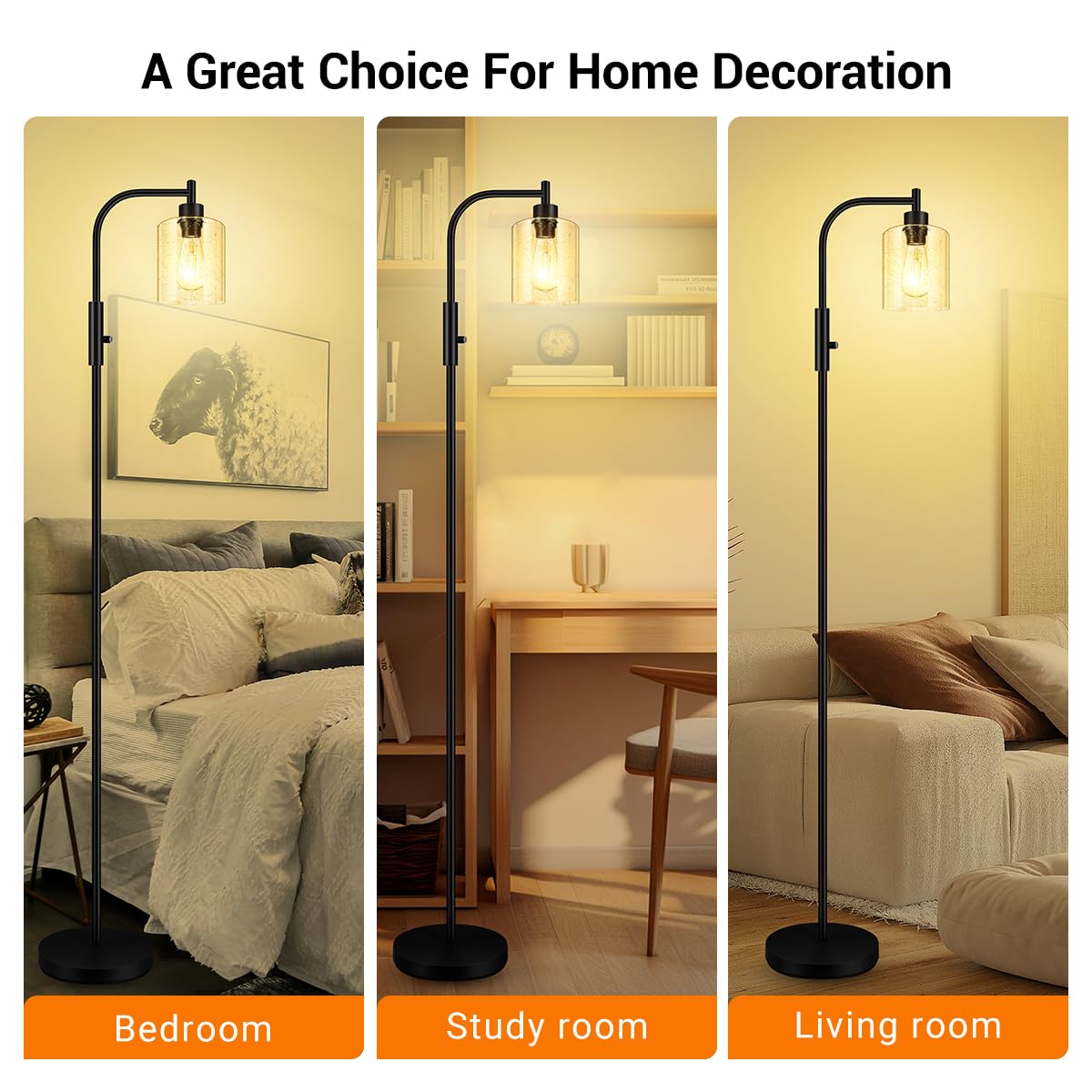 Floor Lamp, 6W Black Modern Floor Lamp with 4W Adjustable Reading Lamp, 2700K Energy-Saving LED Bulbs Included, Industrial Bright Floor Lamp for Bedroom, Living Room and Office