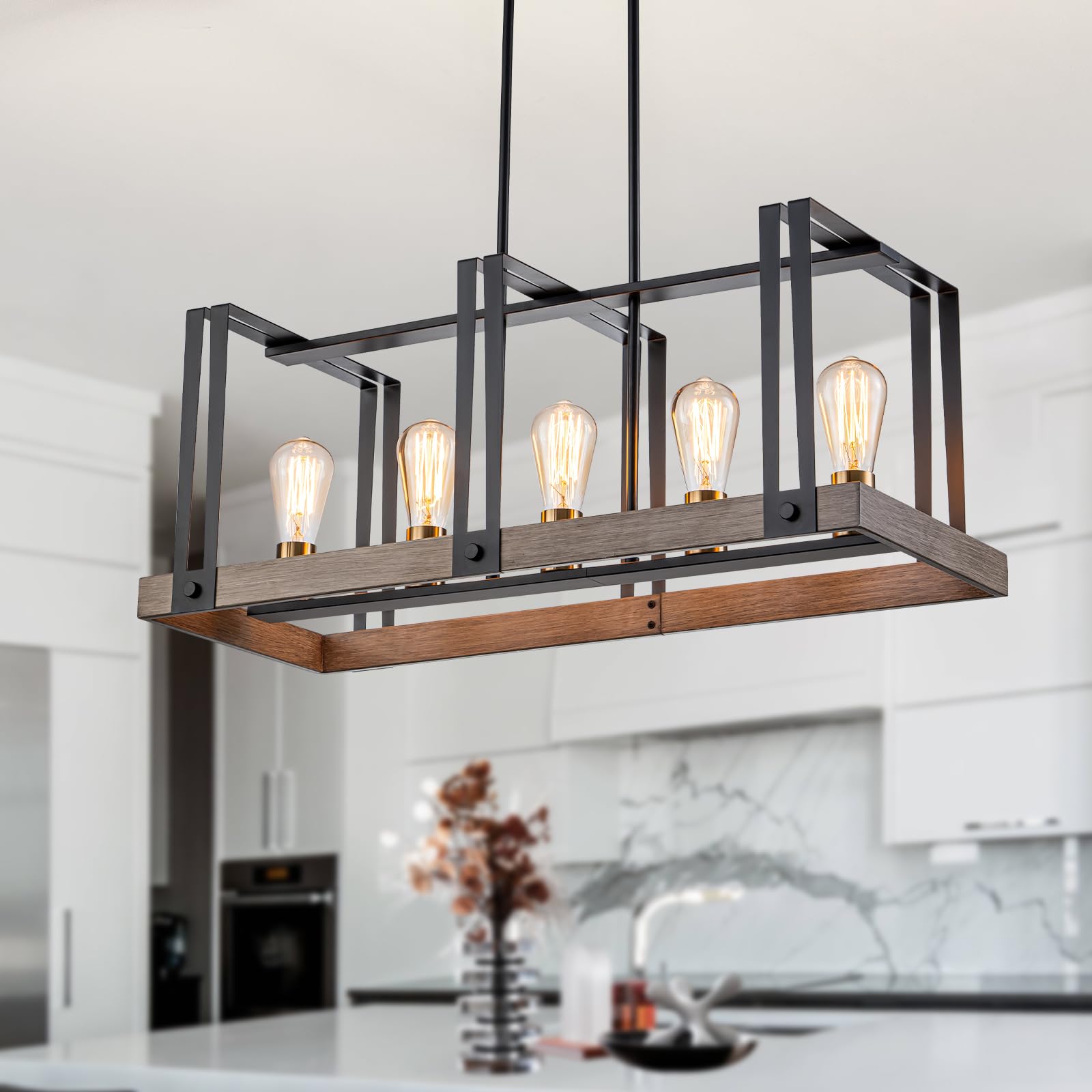 5-Light Kitchen Island Light Dining Room Light Farmhouse Fixture Rustic Rectangular Chandeliers Adjustable Height Retro Industrial Hanging Pendant Light with Imitation Wood Finish