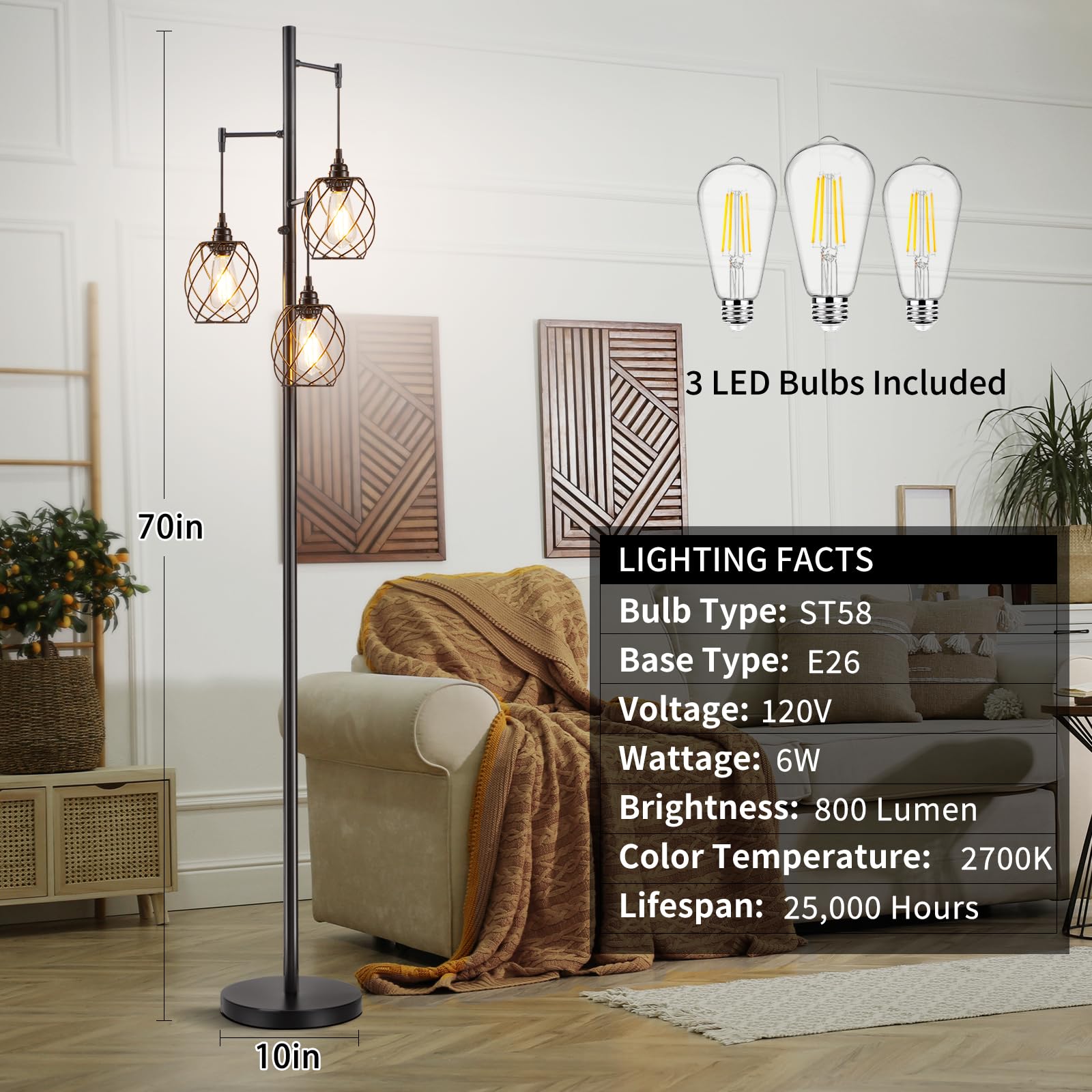 69" 3-Globe Mid Century Floor Lamp for Living Room, Modern Dimmable Tall Standing Lamp with Frosted Glass Shades, Contemporary Gold Pole Lamp for Bedroom Office, 3 LED Bulbs Included