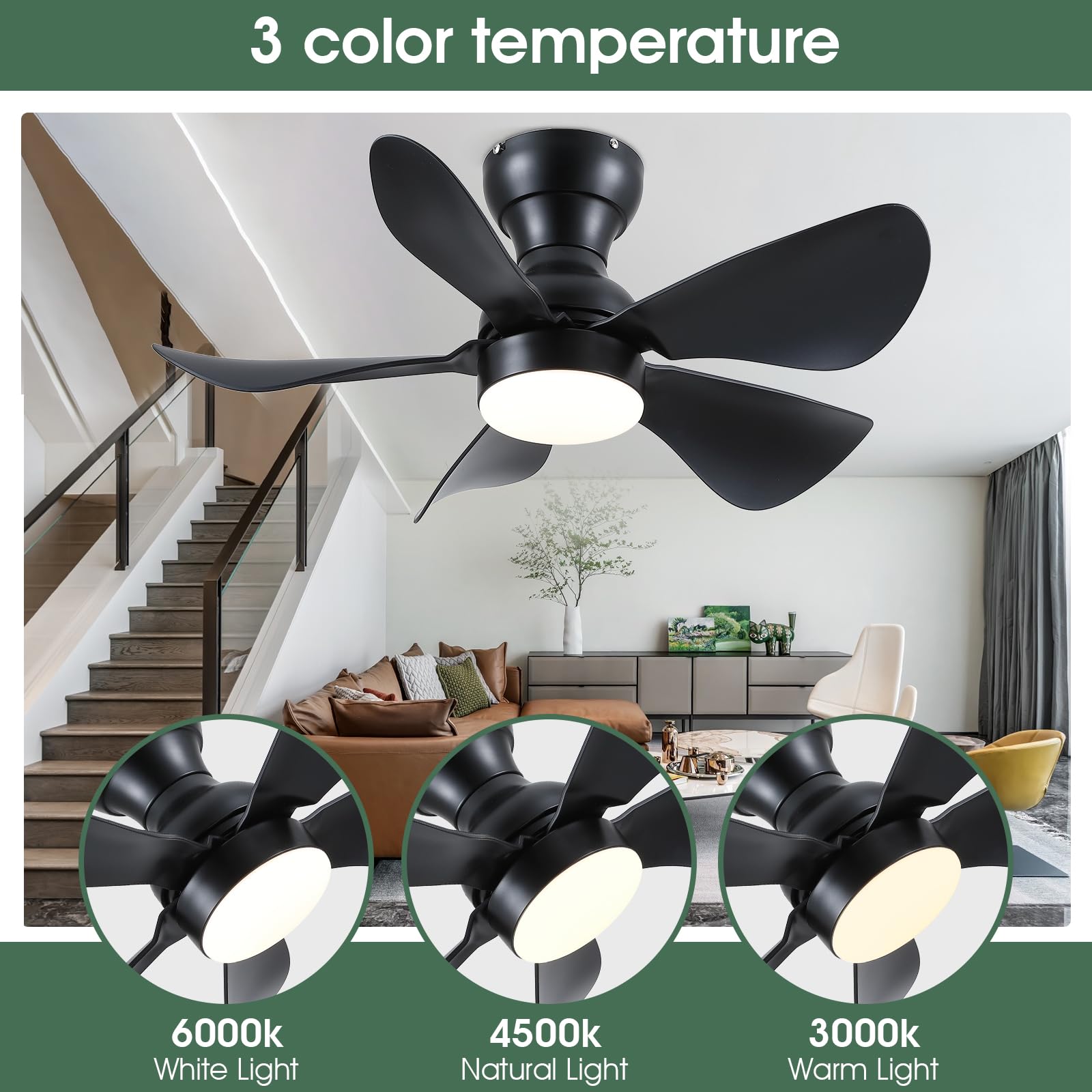 Ceiling Fans with Lights and Remote/APP Control, 30 inch Low Profile Ceiling Fans with 5 Reversible Blades 3 Colors Dimmable 6 Speeds Ceiling Fan for Bedroom Kitchen Dining Room, White