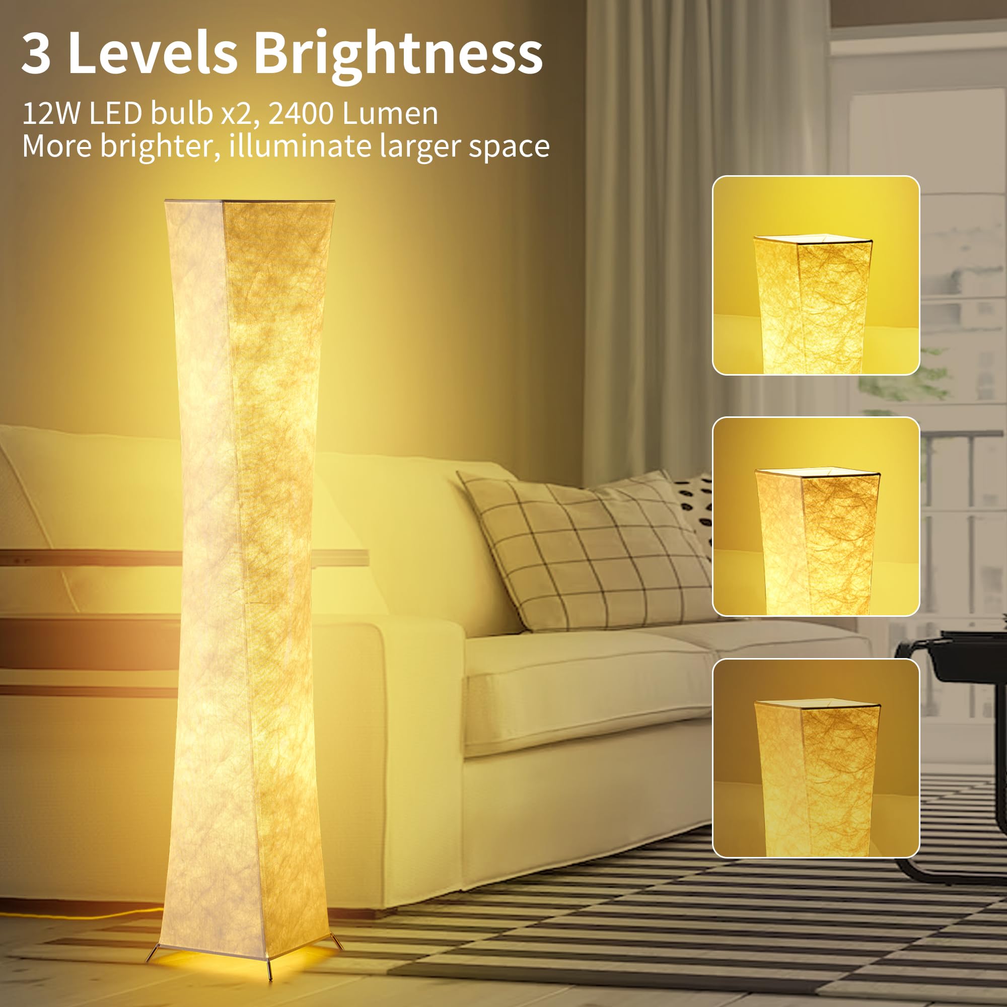 Floor Lamp, Dimmable 64" Tall Standing Lamp, 3 Levels Adjustable Brightness 12Wx2 LED Bulbs, Column Floor Light w/White Fabric Shade, Home Decor for Living Room, Bedroom, Kids Room