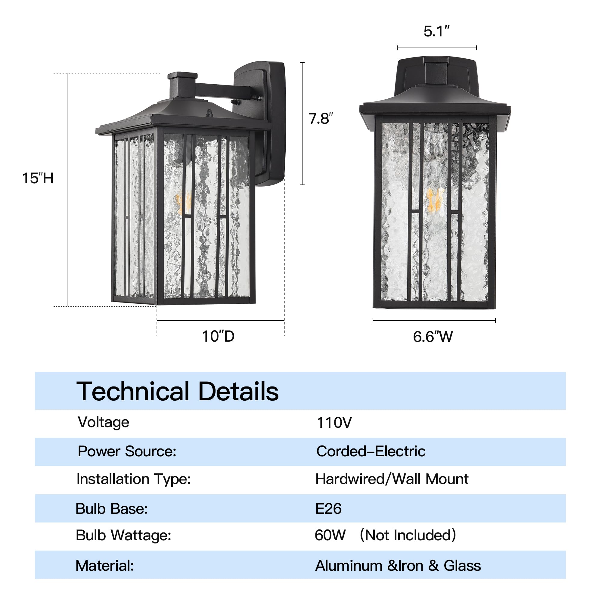 Outdoor Pendant Light, Black Exterior Hanging Lights, LED Outdoor Chandelier, Modern Hanging Lantern for Porch, Ceiling Entry Porch Patio Matte Black with Water-Rippled Glasses