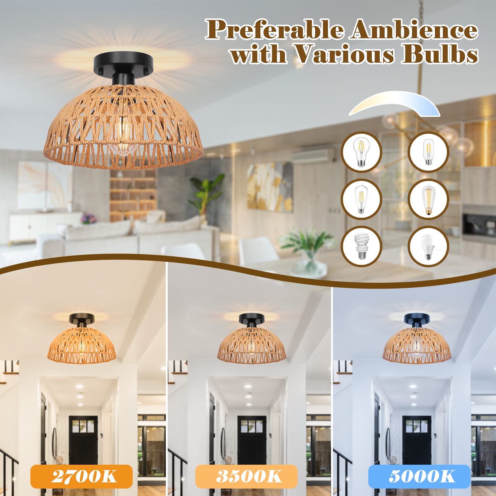 Rattan Pendant Light Fixtures 2 Packs, Boho Woven Basket Pendant Light, Handmade Wicker Hanging Lamp, Rattan Chandelier for Kitchen Island, Dining Room, Living Room, Bedroom, E26 Base