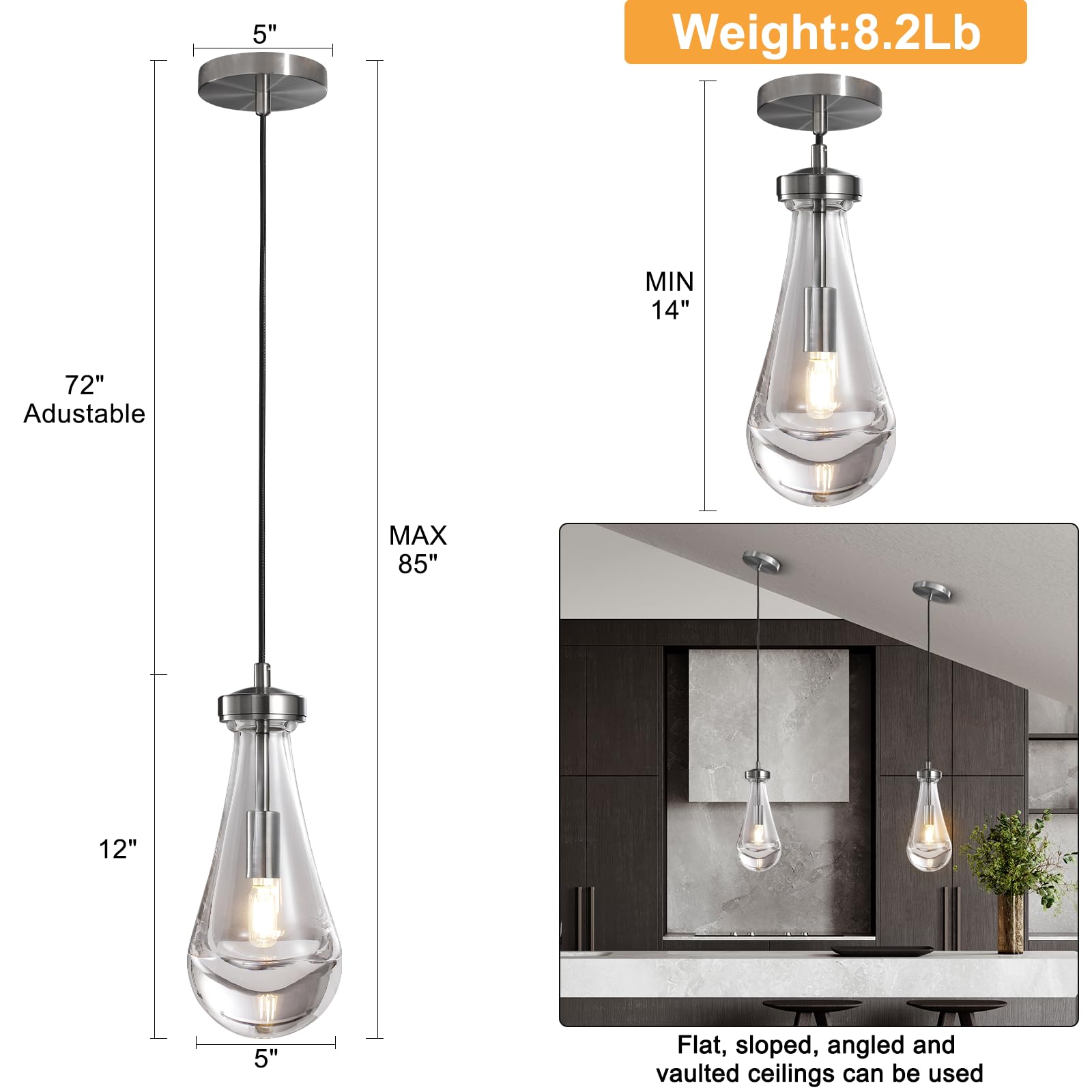 3 Light Pendant Lights Kitchen Island, Raindrop Cluster Pendant Light Fixture, Adjustable Hanging Rope Clear Solid Glass Chandelier for Dining Room, Porch, Corridor, Living Room…