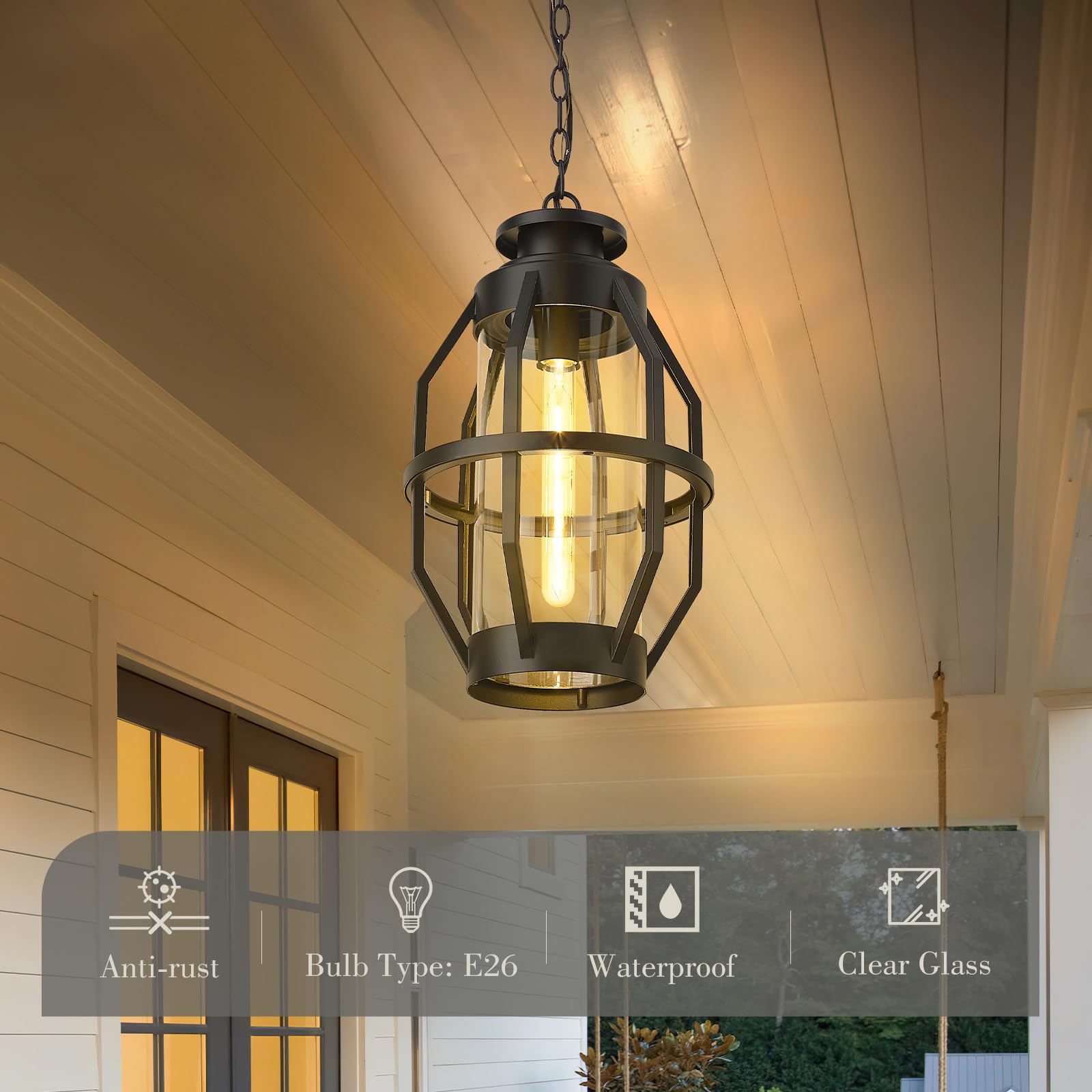 19 Inch Outdoor Pendant Light with Clear Glass, Large Modern Outdoor Hanging Porch Light, Black Finish, WE274H-L BK