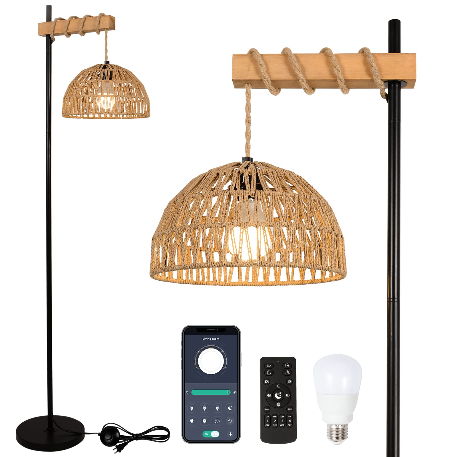 Floor Lamp for Living Room with 3 Color Temperatures and Stepless Dimmer, Smart Floor Lamp with Remote Control & APP, Tall Standing Lamp with Rattan Lampshade, Farmhouse Floor Lamps for Bedroom Office