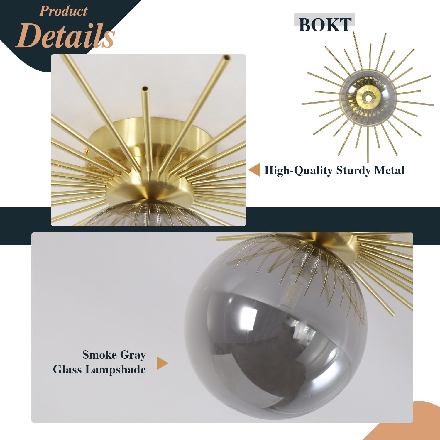 Modern Gold Semi Flush Mount Ceiling Light Mid Century White Glass Globe Ceiling Light Industrial Close to Ceiling Light Vintage Golden Ceiling Lamps Brushed Brass Hallway Light Fixtures