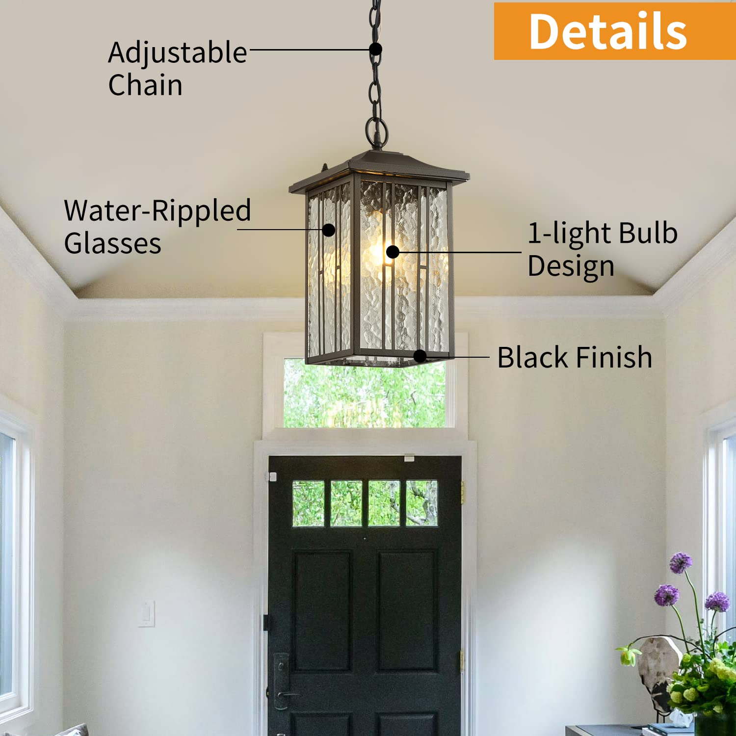 Outdoor Pendant Light, Black Exterior Hanging Lights, LED Outdoor Chandelier, Modern Hanging Lantern for Porch, Ceiling Entry Porch Patio Matte Black with Water-Rippled Glasses