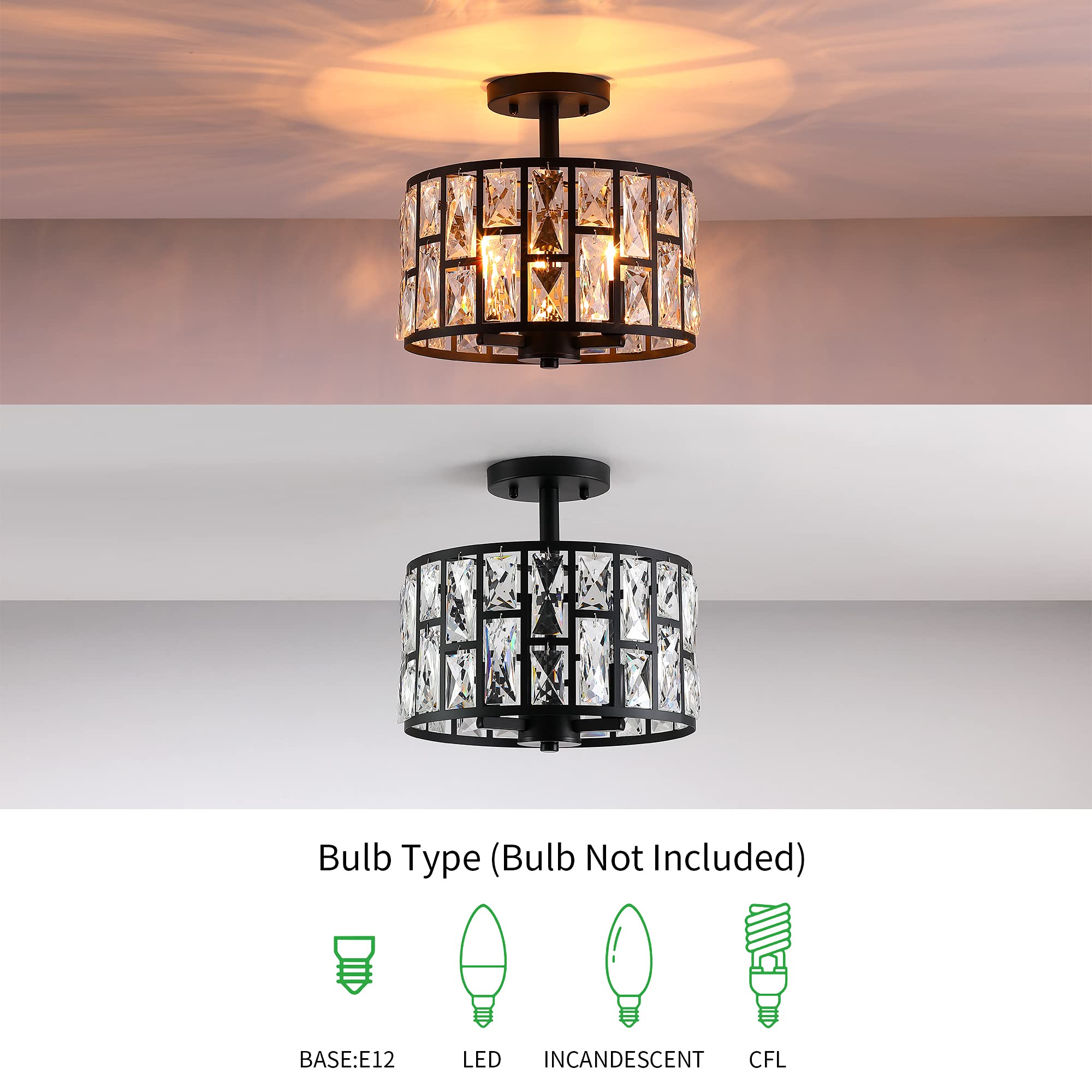 MEXO Farmhouse Crystal Round Semi Flush Mount Close to Ceiling Light Fixture, Drum Shade 3LT Ceiling Lamp for Kitchen Island Dinning Room Bedroom, Hallway Black Finish