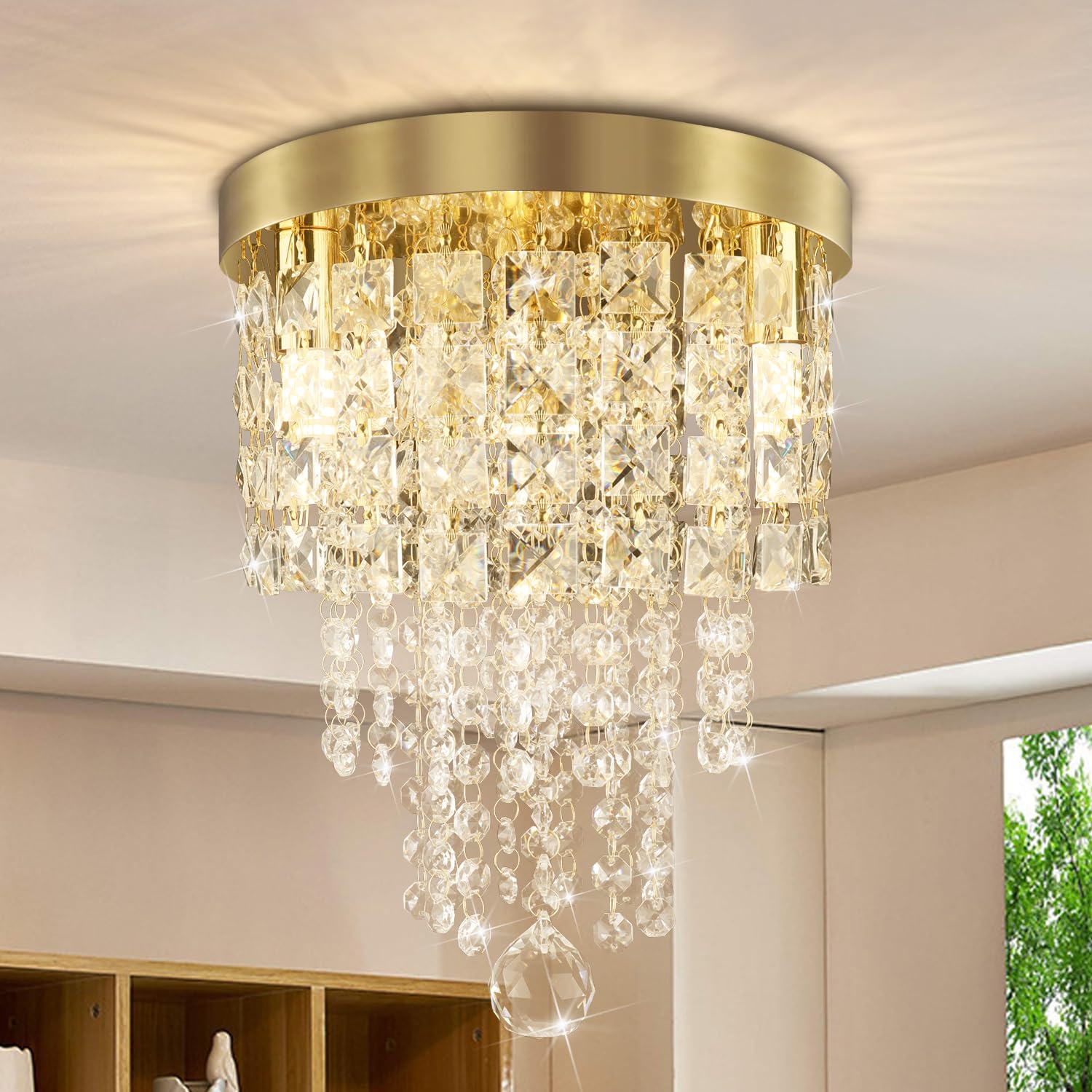 Mini Gold Crystal Chandelier, 3 Light Modern Flush Mount Ceiling Light Fixture, Raindrop Crystal Ceiling lamp Beaded Crystal Pendant Lighting for Hallway, Bedroom, Living Room, Dining Room