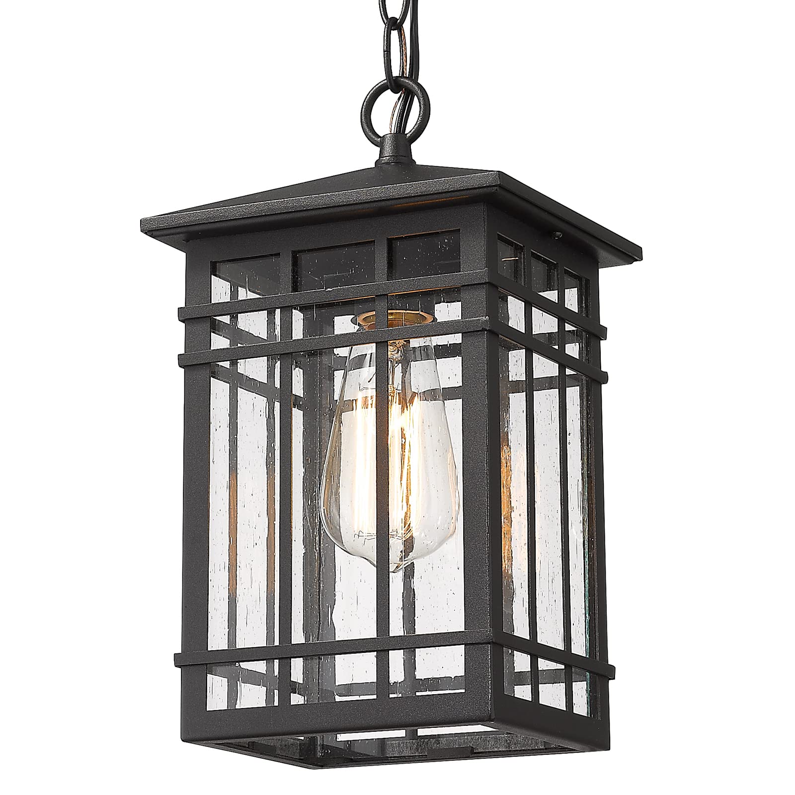 Outdoor Pendant Lighting, Exterior Pendant Lantern, Farmhouse Porch Hanging Lantern Lights with Seeded Glass in Black Finish, Outdoor Pendant Lamp for Front Porch, Entryway, Patio, Gazebo