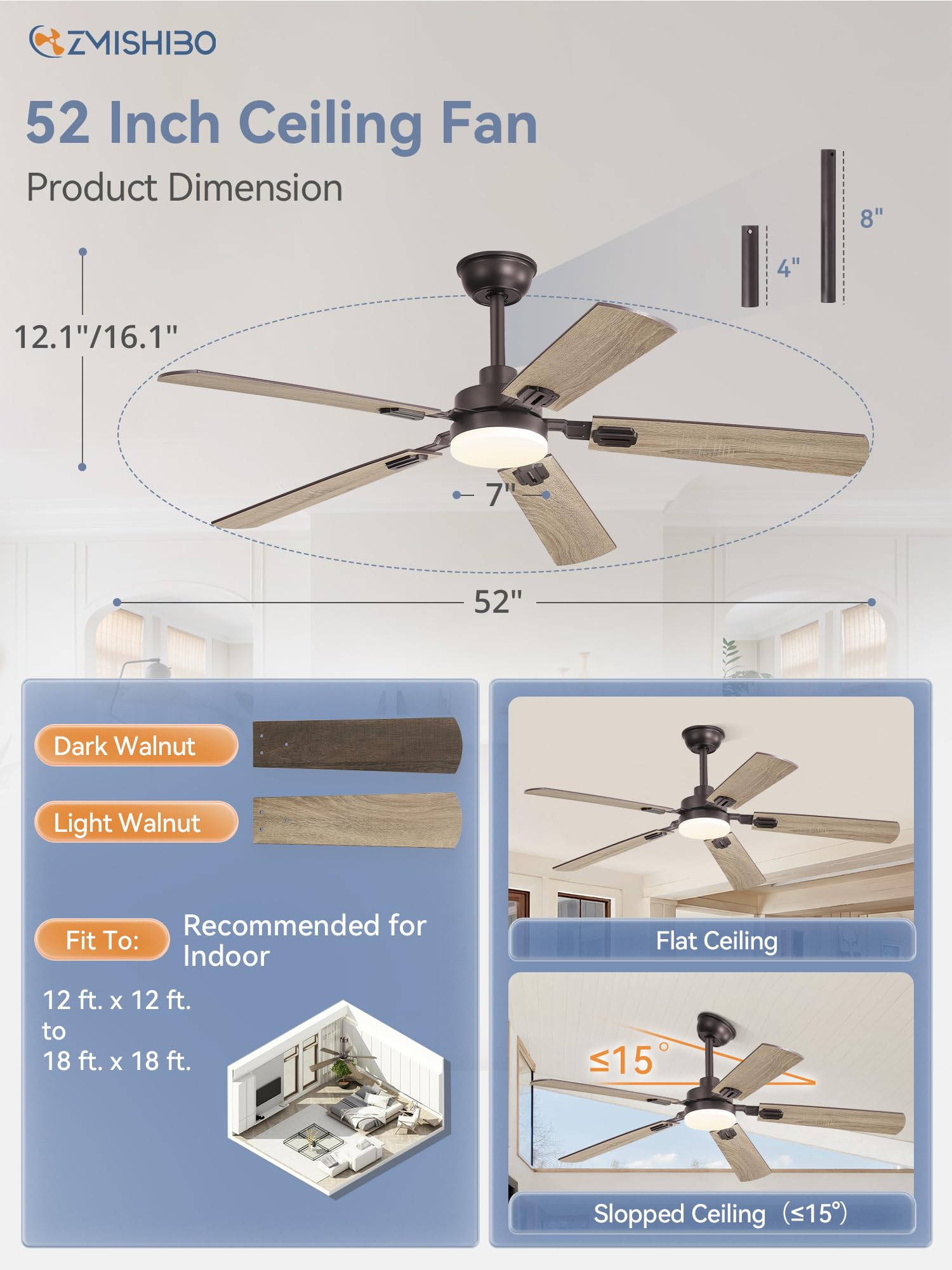 52" Ceiling Fans with Lights, Black Modern Ceiling Fan with Remote, Farmhouse Indoor Ceiling Fan with Dual Finish Blades, Quiet & Strong Motor, Bright LED Light.