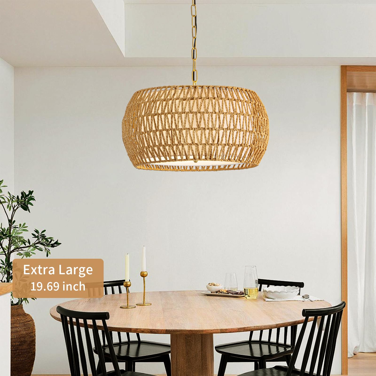 4-Light Rattan Semi Flush Mount Ceiling Light, 15" Boho Light Fixture with Hand-Woven Rattan Shade in Quatrefoil Shape, Farmhouse Boho Chandelier Wicker Light Fixture for Kitchen Bedroom Foyer