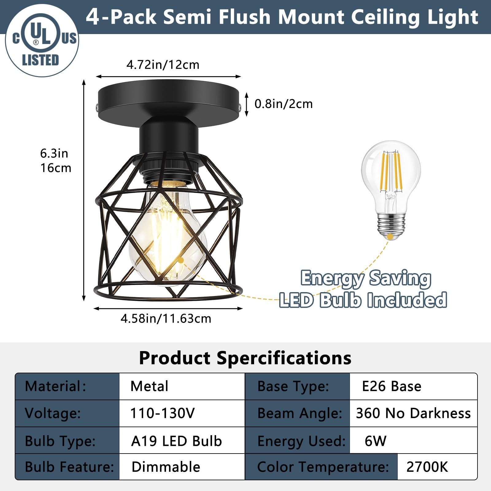 2-Pack Farmhouse Semi Flush Mount Ceiling Light, Black Hallway Light Fixtures Ceiling Mount, Small Metal Cage Indoor Ceiling Lamp for Kitchen Porch Bedroom (LED Bulbs Included)