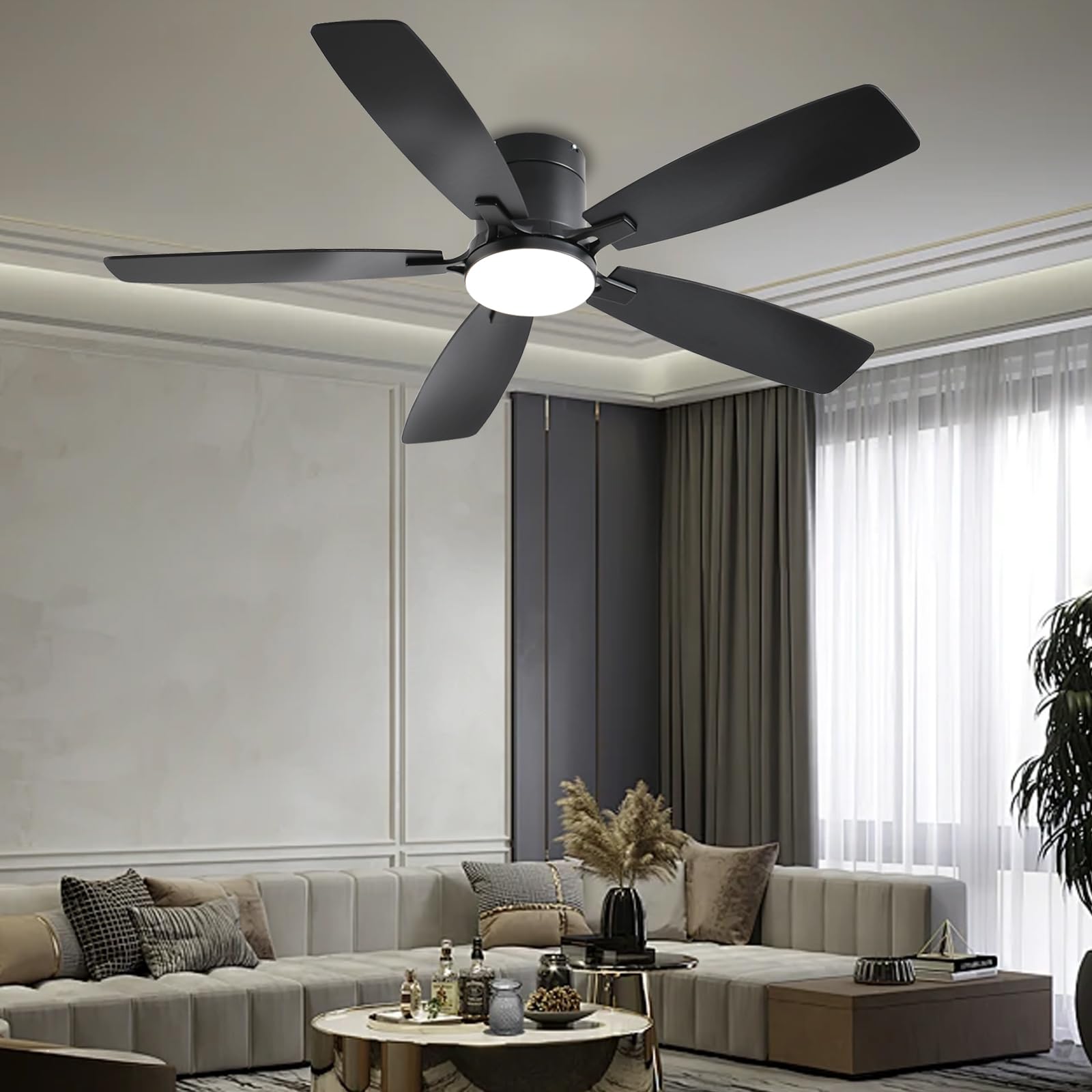 Ceiling Fans with Lights, 52 inch Low Profile Ceiling Fan with Light and Remote Control, Flush Mount, Reversible Motor, Dimmable, Noiseless, White Ceiling Fan for Bedroom, Indoor/Outdoor Use