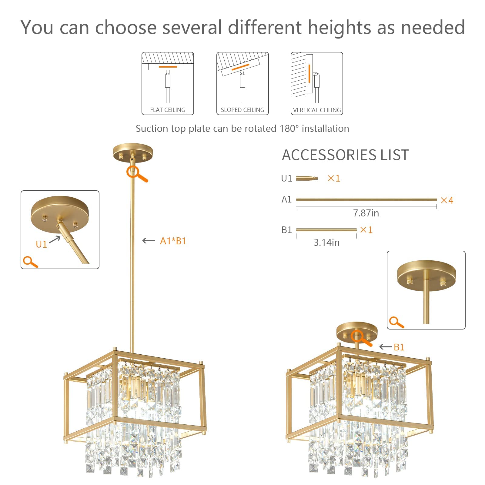 4-Light Dining Room Light Fixture 11.81 inch Square Lndustrial Farmhouse Chandelier Gold Metal Crystal Pendant Light for Kitchen Island Dining Room Living Room Flat and Inclined Ceiling