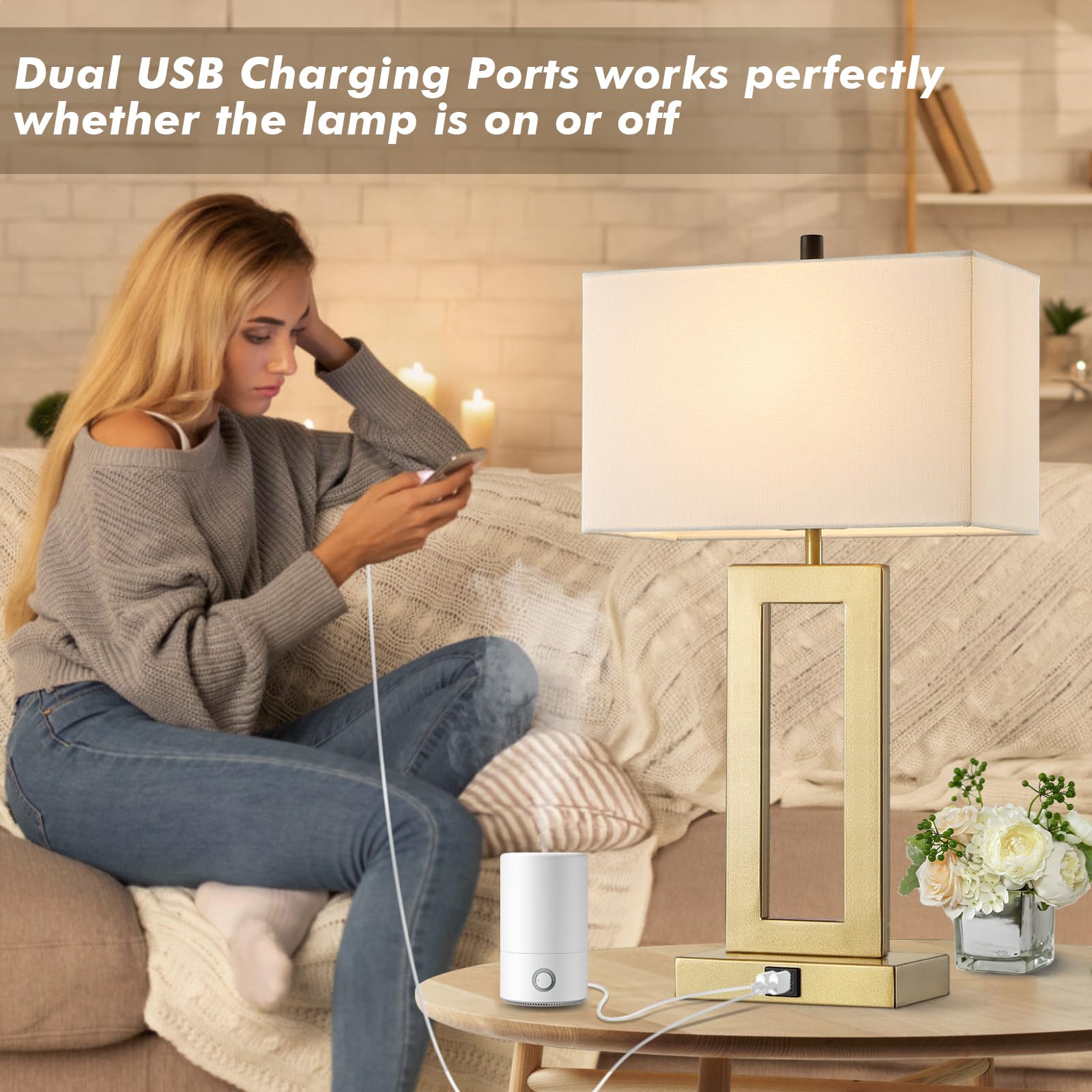 Silver Table Lamps Set of 2 with Dual USB Ports,3-Way Dimmable Touch Control Bedside Lamps,Modern Bedroom Table Lamp for Living Room,Nightstand LED Bulbs Included