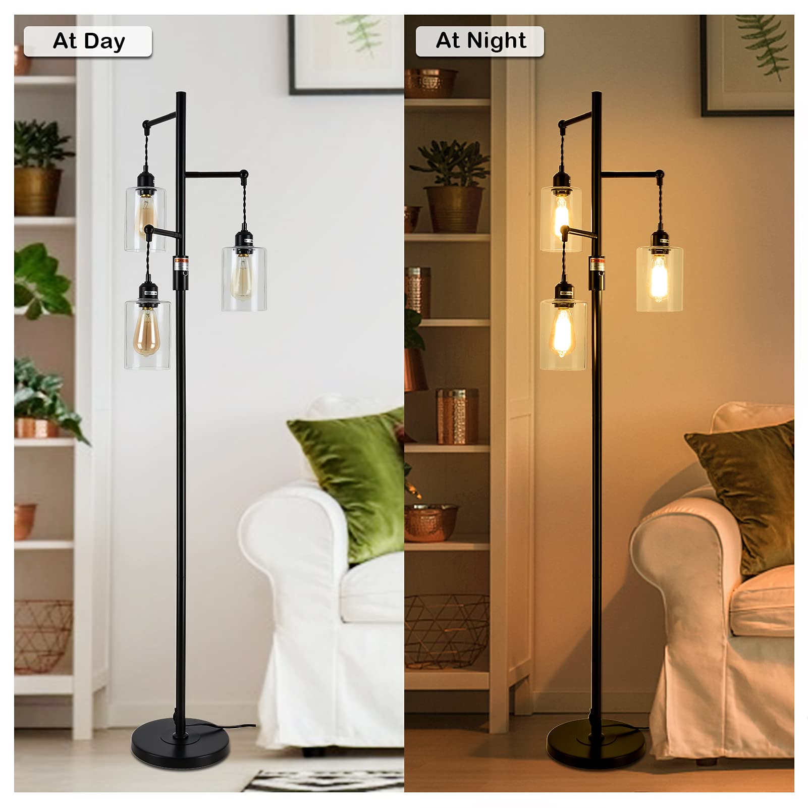 Industrial Floor Lamp with On/Off Dimmable Switch, 3-Head Rustic Tree Standing Lamp, Edison Bulb 40W Retro Tall Glass Floor Light for Living Room, Reading, Office, Bedroom, Black