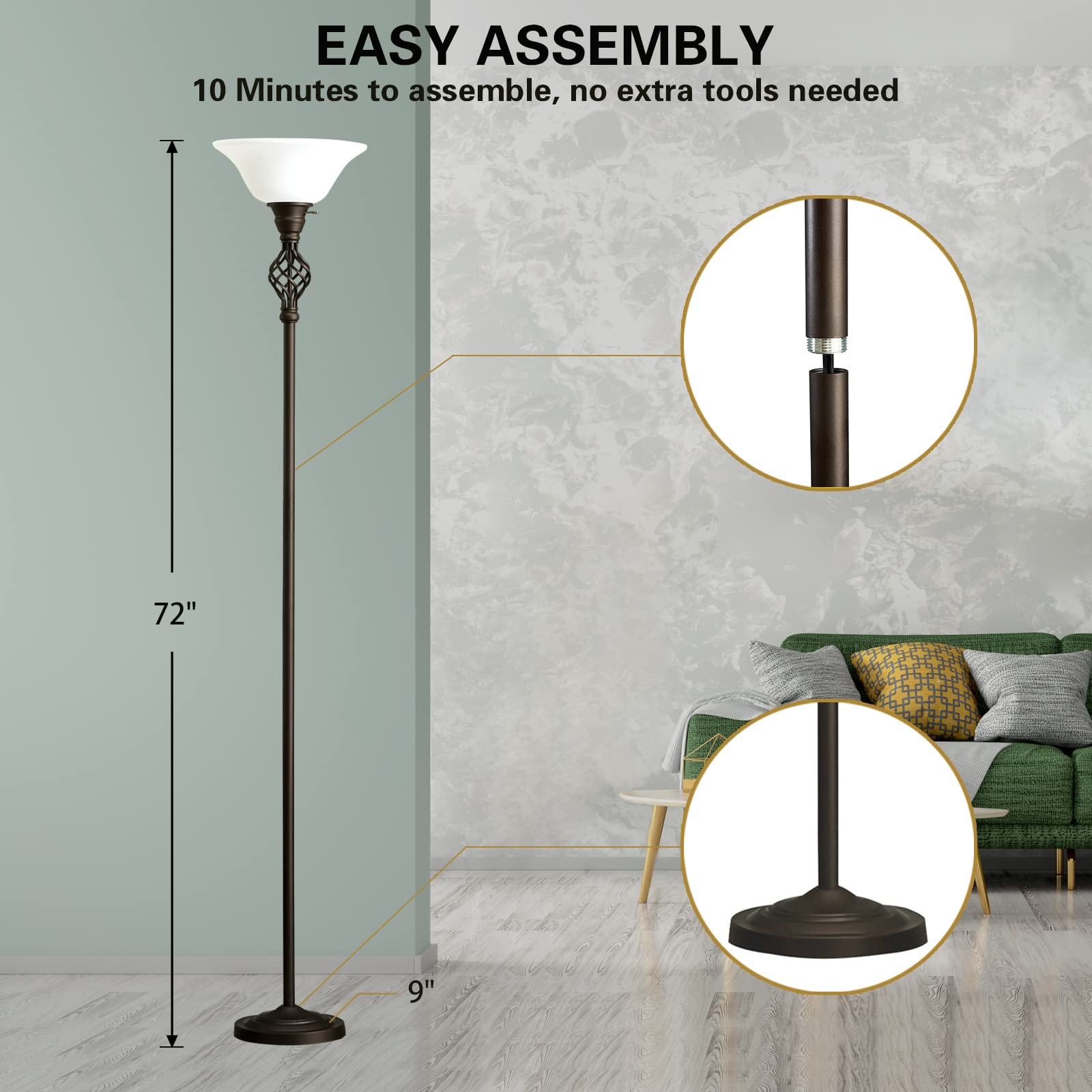 Floor Lamp for Living Room, 72" Modern Bedroom Standing Lamp with 8W LED Bulb, 3000K Eye Protection Torchiere Floor Lamp for Bedroom, Office, Living Room(Red Brown)