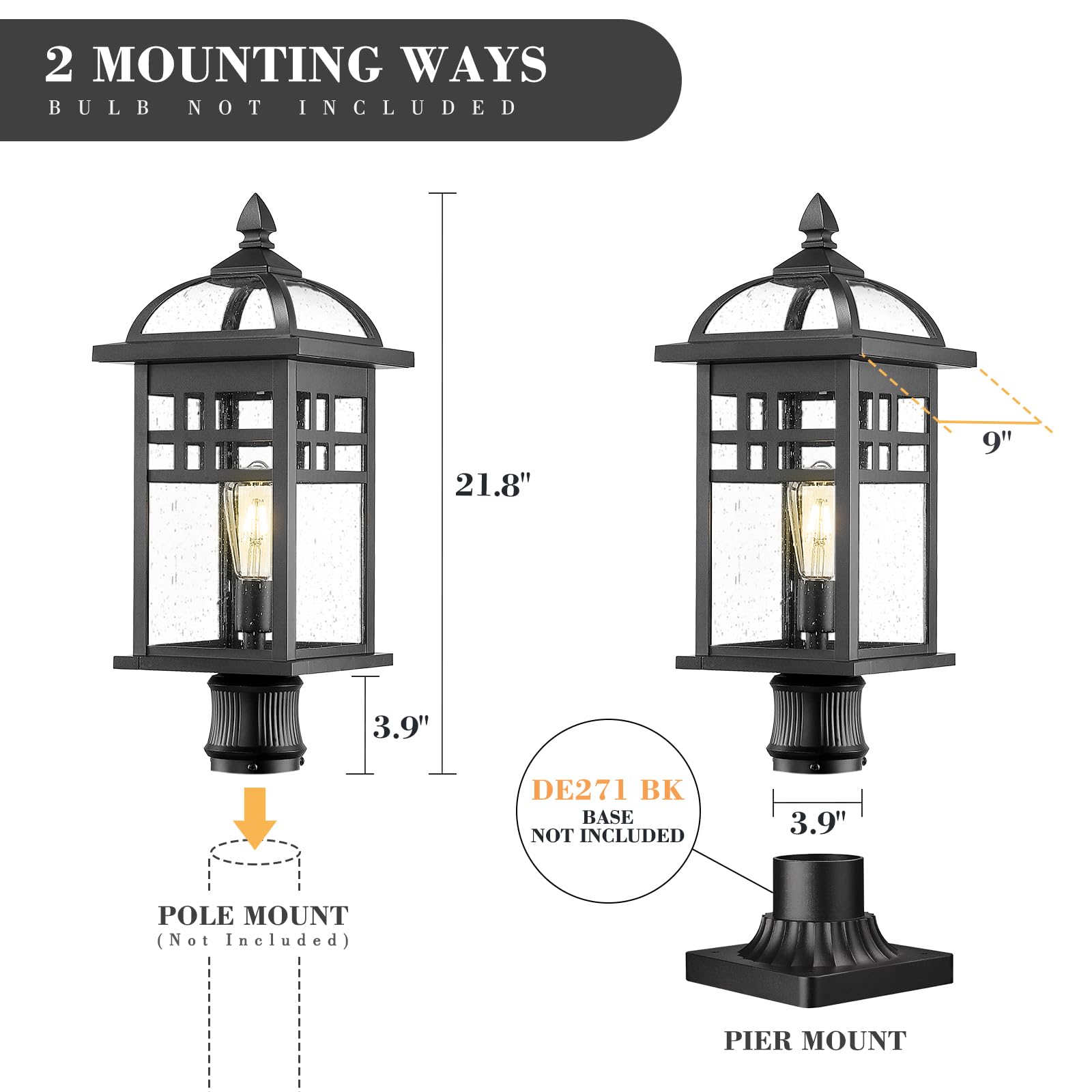 20 Inch Outdoor Pendant Light for Porch, Outdoor Chandelier for Porch, Die-Cast Aluminum with Seeded Glass, Black Finish, DE281H-M BK