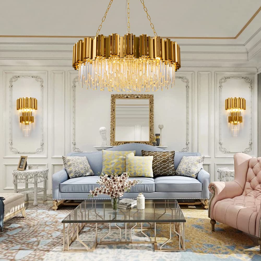 Modern K9 Crystal Pendant Lighting, Round Gold Crystal Chandelier Contemporary Luxury Pendant Ceiling Lighting Fixture for Dining Living Room Kitchen Island, Antique Gold