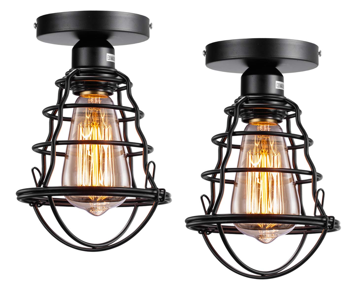 Vintage Semi Flush Mount Ceiling Light, Industrial Black Metal Cage Farmhouse Ceiling Light Fixture for Hallway Porch Stairway Bedroom Kitchen 2 Pack, E26 Base, UL Listed