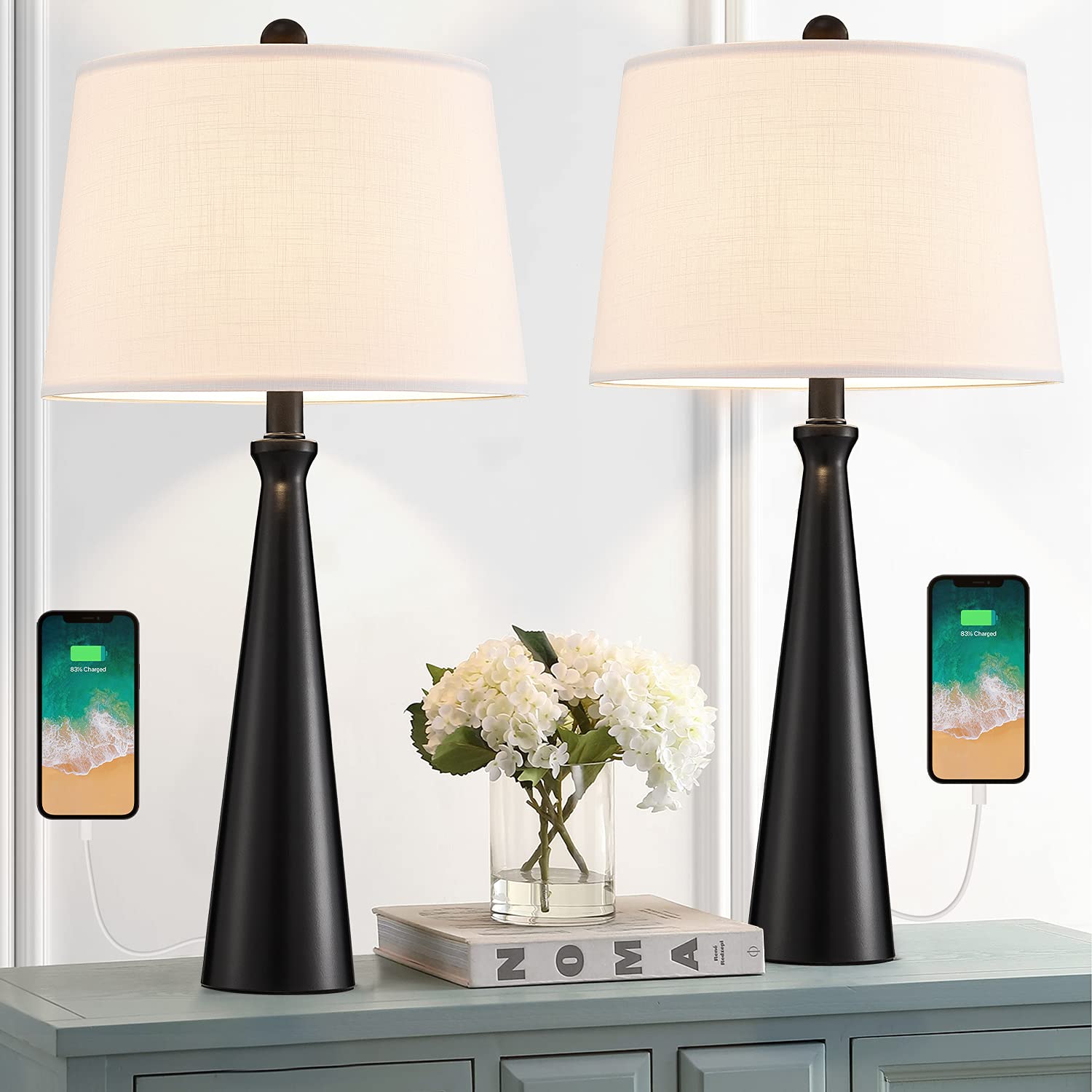 Modern Table Lamps with USB Port Set of 2 Accent Gold Nightstand Lamp for Living Room Bedroom Office Black