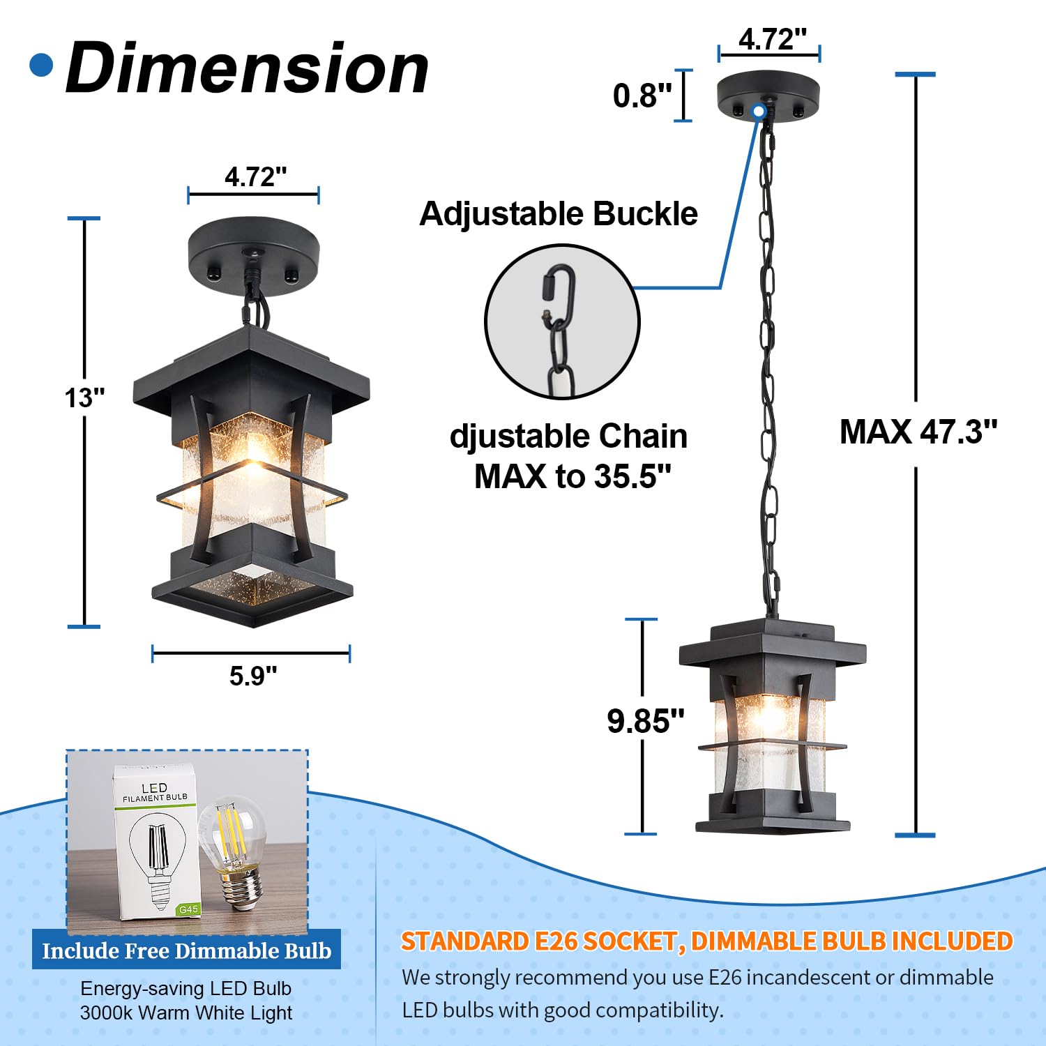 Outdoor Pendant Light Fixture with Dusk to Dawn Sensor Exterior Hanging Lantern with Adjustable Chain Black with Seeded Glass Outside Lights for House Patio Front Porch Lighting